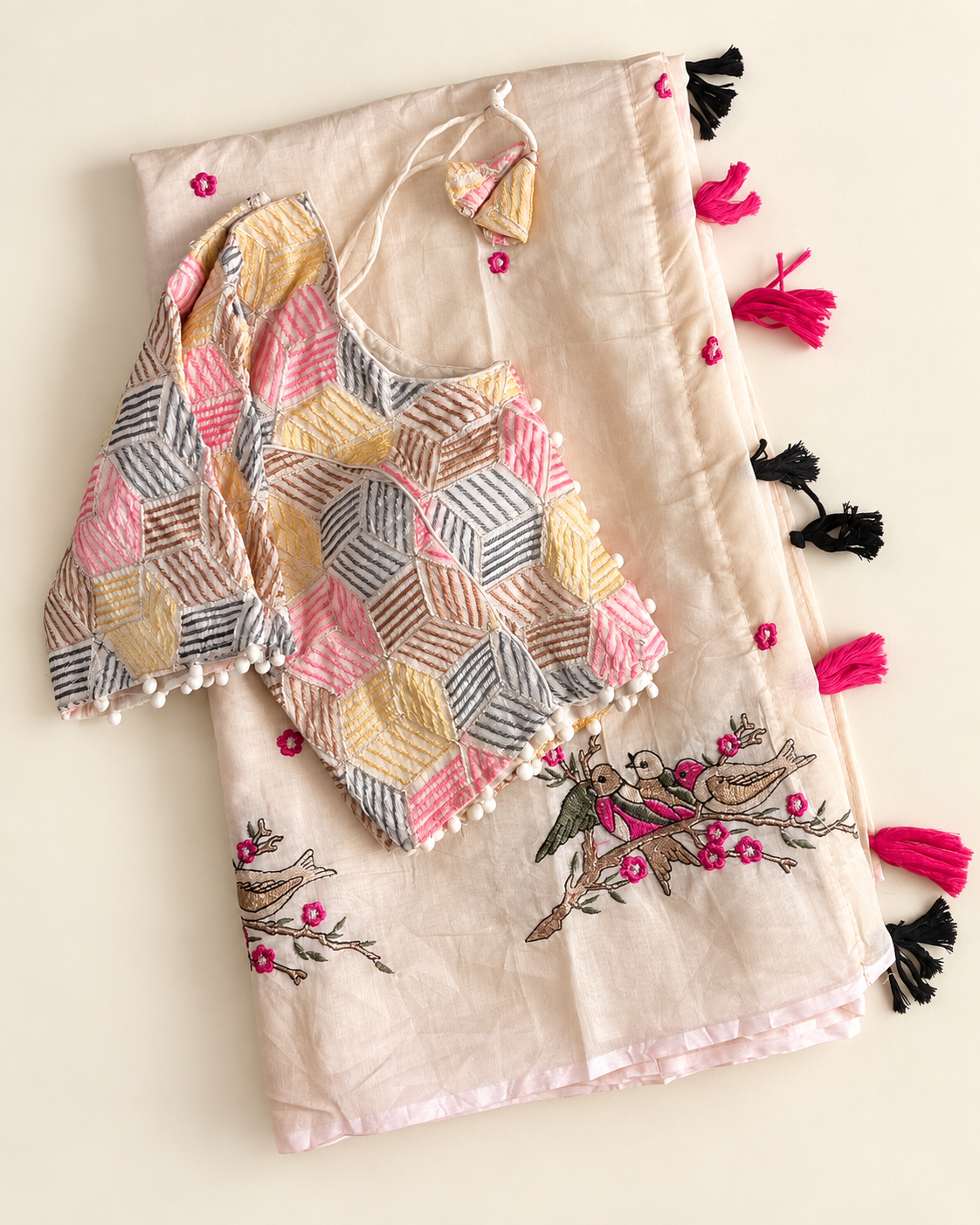 Stunning Party Wear Chanderi Cotton Embroidery n Tussels Work Fancy Saree With Stitched Blouse