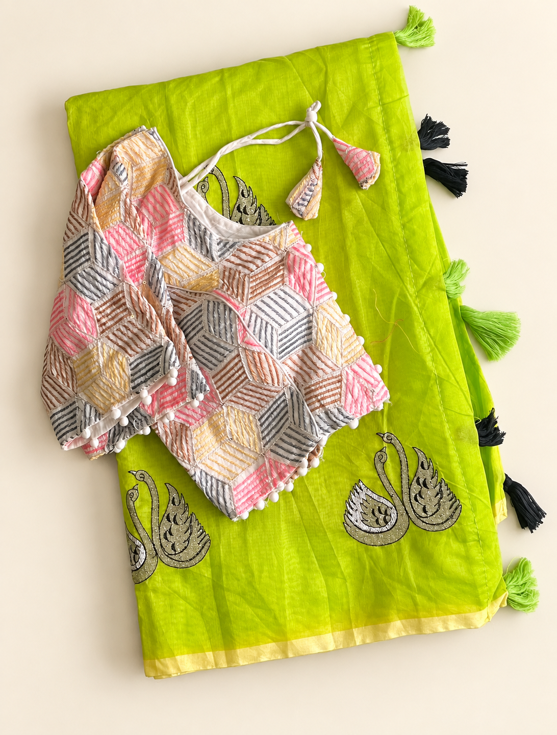 Fanctabulous Function Wear Chanderi Cotton Embroidery n Tussels Work Fancy Designer Saree With Stitched Blouse
