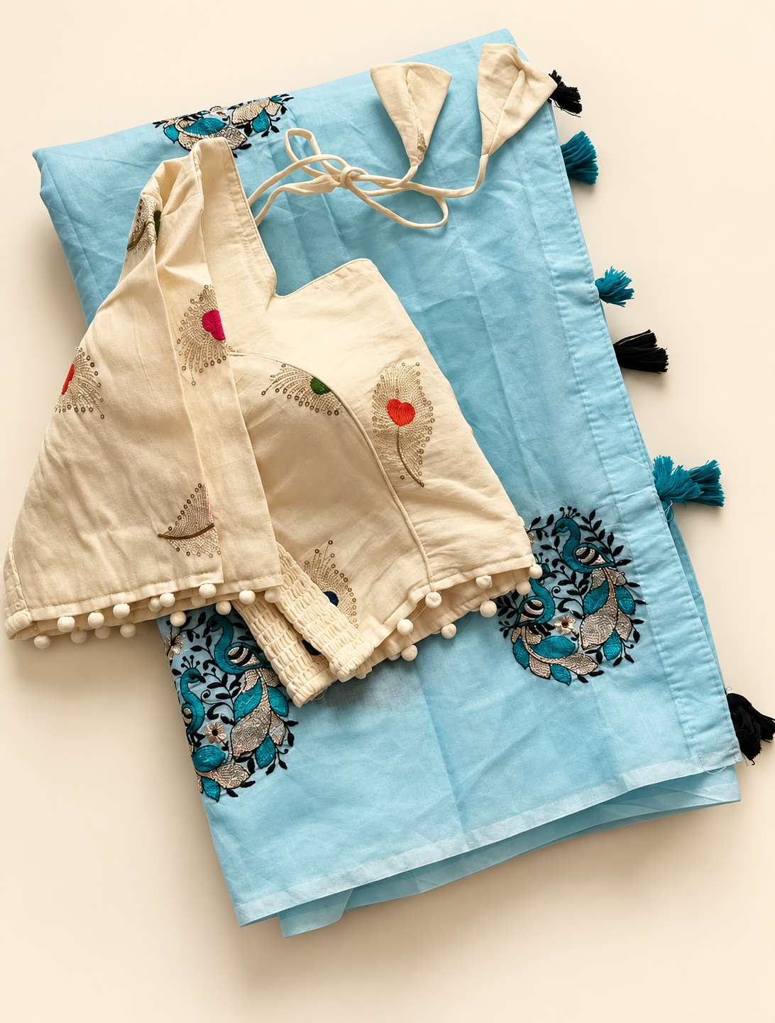 Whimsical Party Wear Chanderi Cotton Embroidery n Tussels Work Fancy Designer Festive Wear Saree With Stitched Blouse