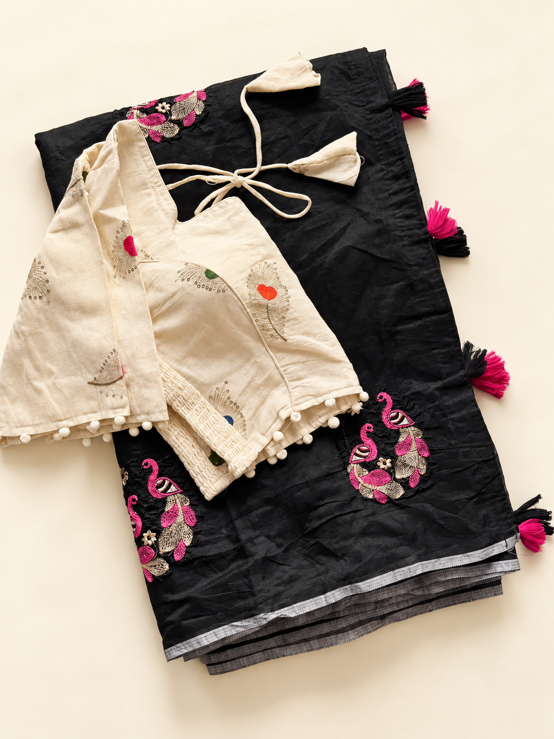 Whimsical Party Wear Chanderi Cotton Embroidery n Tussels Work Fancy Designer Festive Wear Saree With Stitched Blouse