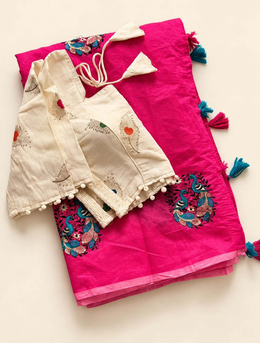 Whimsical Party Wear Chanderi Cotton Embroidery n Tussels Work Fancy Designer Festive Wear Saree With Stitched Blouse