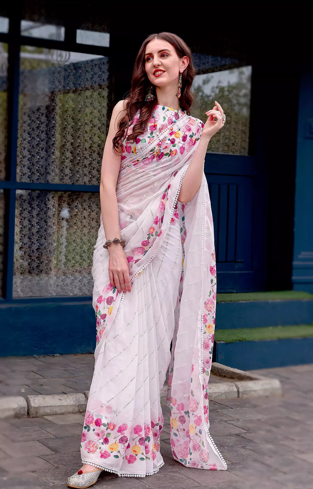 New Partywear Off White Color Floral Print With Beautiful Embroidery n Sequence Work Fancy Designer Saree