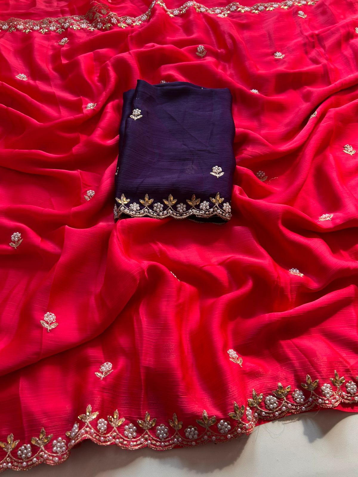 New Partywear Satin Chiffon Embroidery n Diamond Work Fancy Designer Saree With Blouse