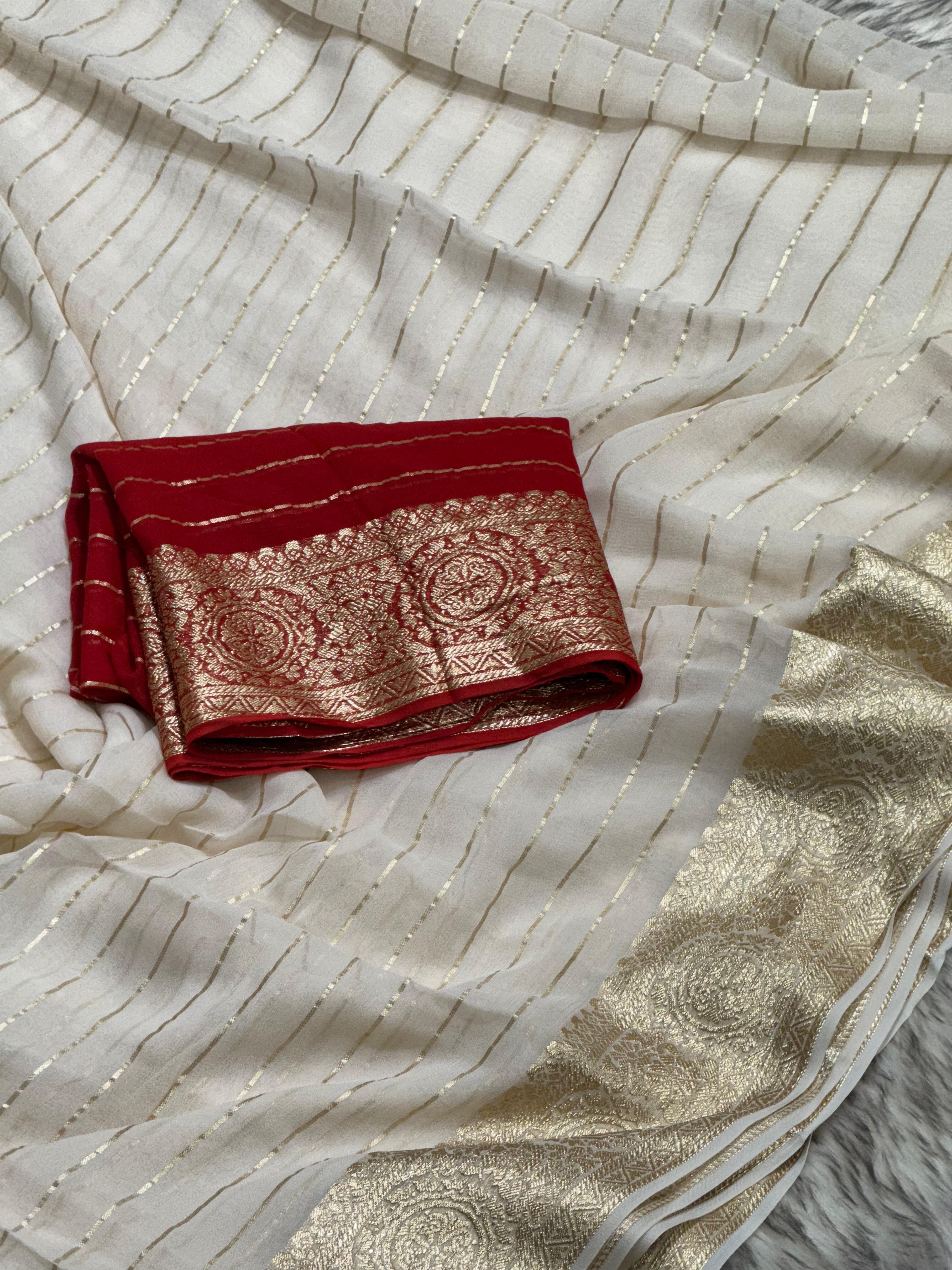 Latest Wedding wear Off White Color Viscose Georgette Jacquard Weaving Work Designer Saree