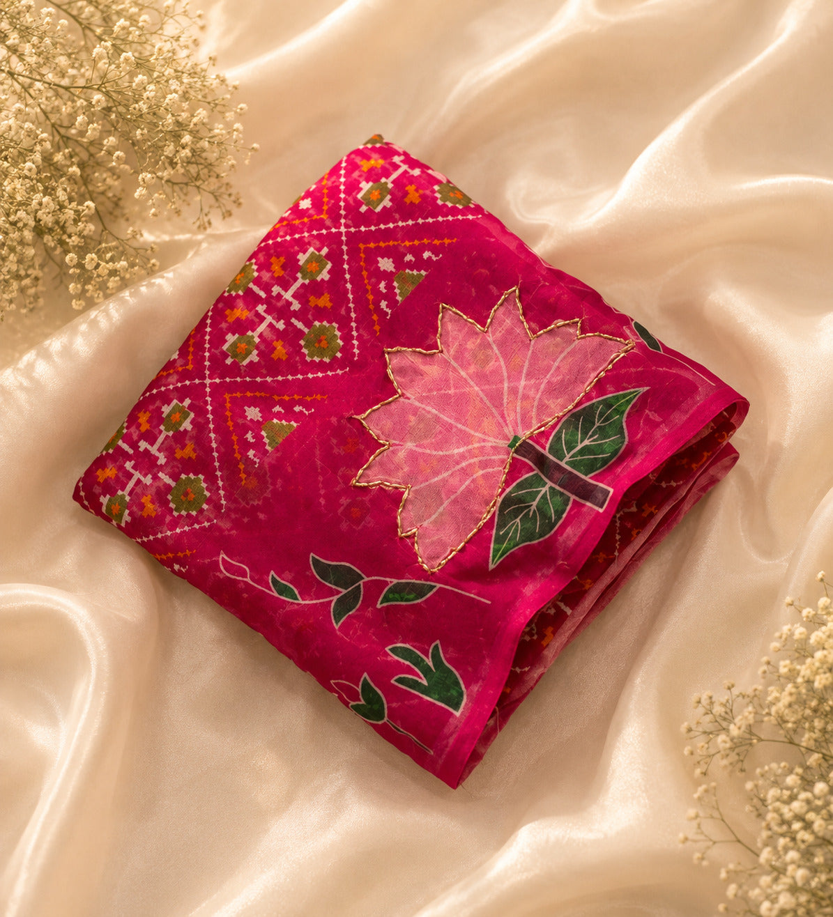 Glamorous Wedding Wear Pure Soft Silk Floral Prints n Handwork Designer Saree With Contrast Blouse Piece