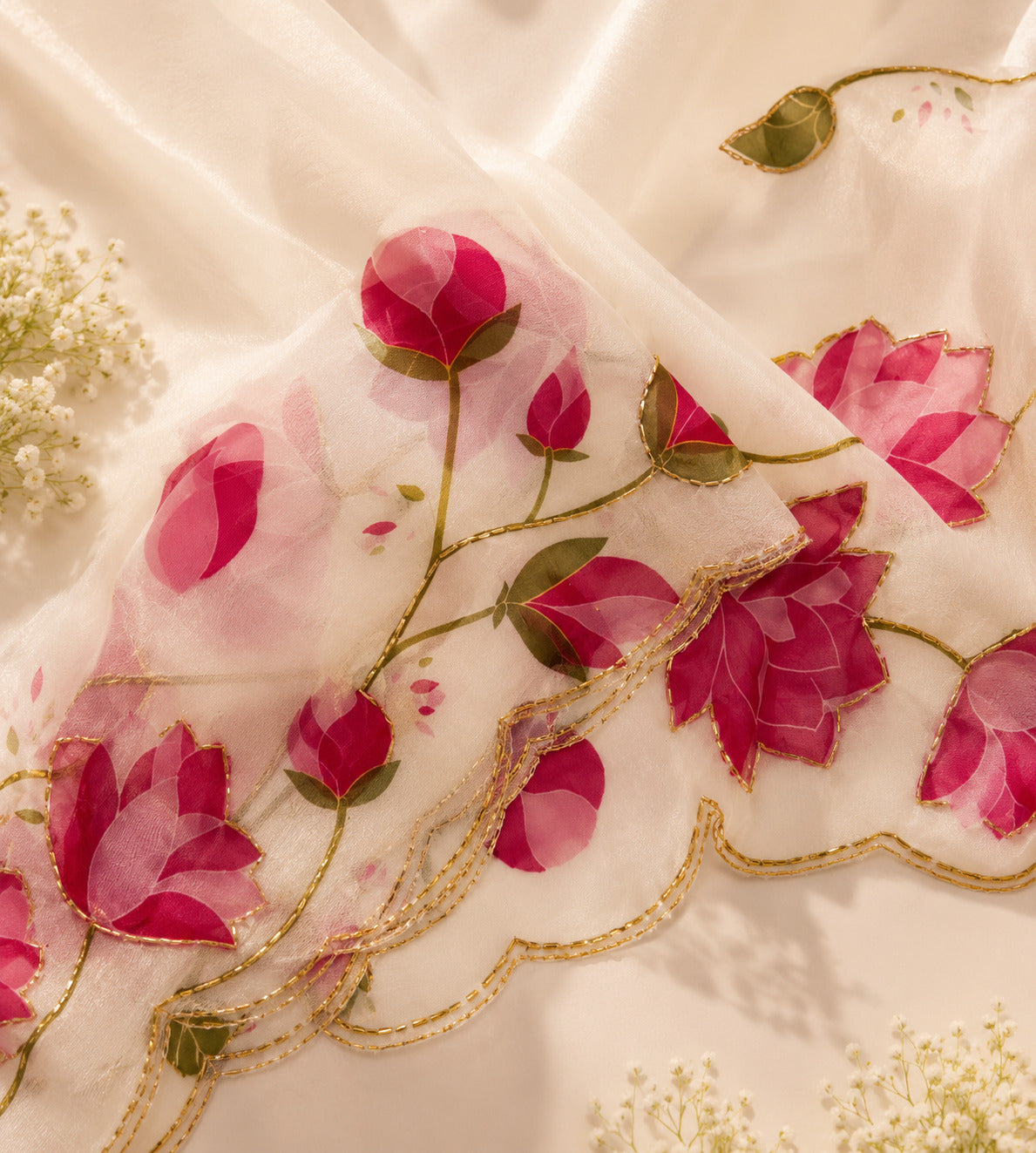 Glamorous Wedding Wear Pure Soft Silk Floral Prints n Handwork Designer Saree With Contrast Blouse Piece