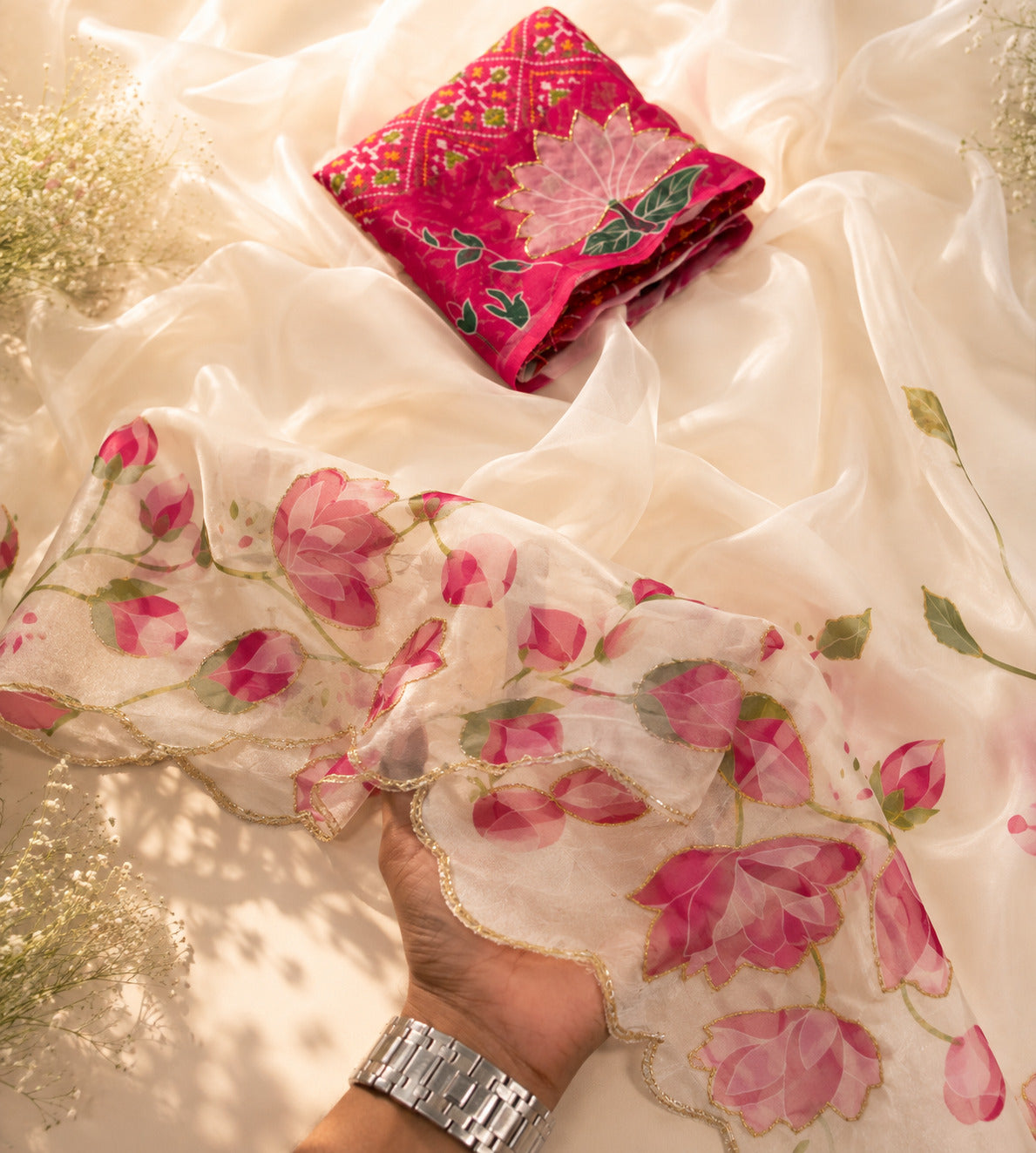 Glamorous Wedding Wear Pure Soft Silk Floral Prints n Handwork Designer Saree With Contrast Blouse Piece