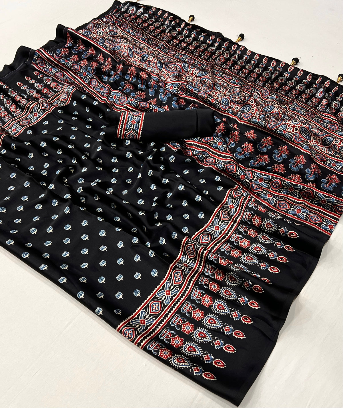 Glamorous Party Wear Satin Silk Ajrak Printed Rich Pallu Designer Saree With Unstitched Blouse Piece