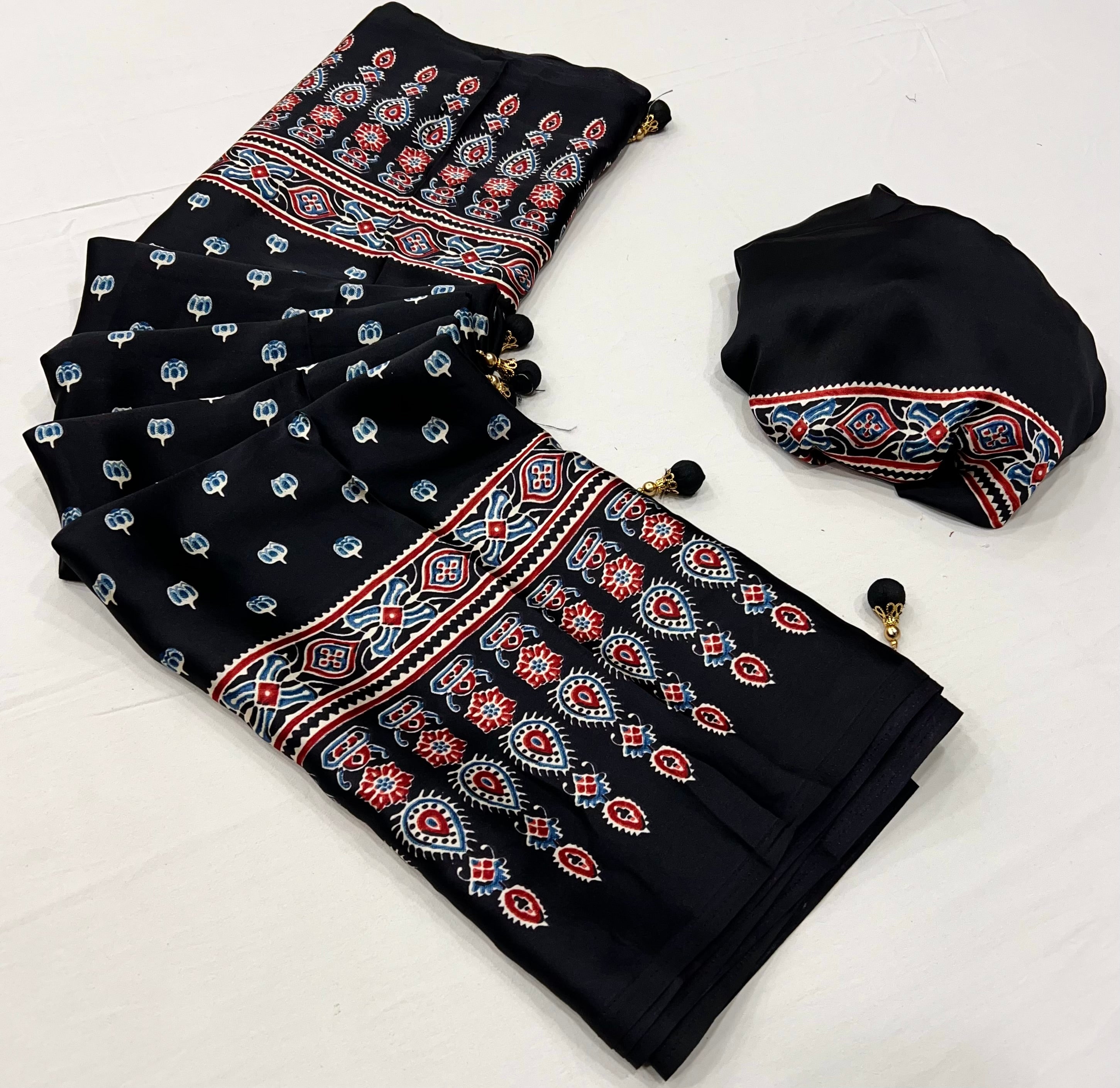 Glamorous Party Wear Satin Silk Ajrak Printed Rich Pallu Designer Saree With Unstitched Blouse Piece