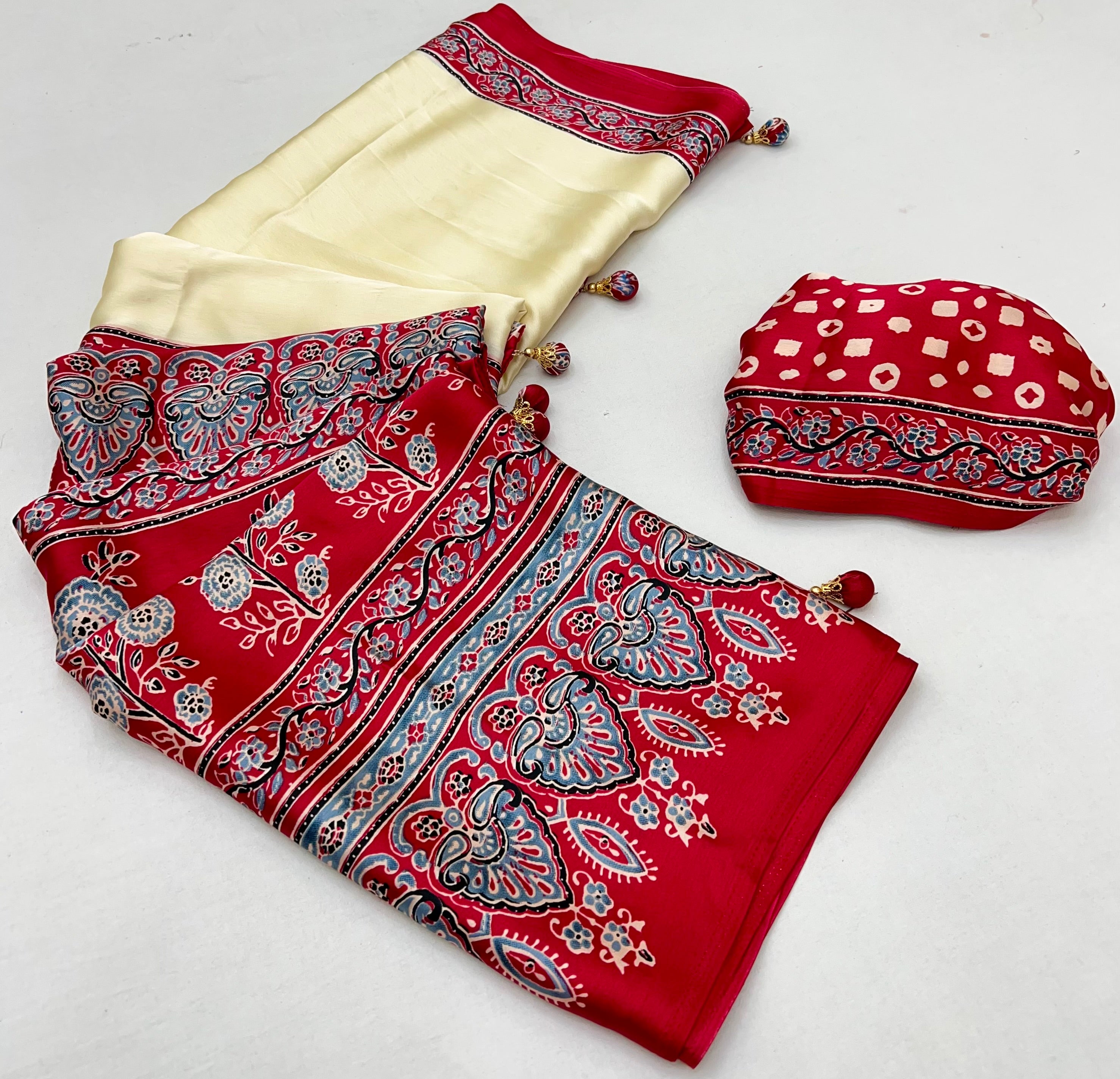 Desiring Festive Wear Satin Silk Ajrak Print Rich Pallu Fancy Saree With Unstitched Blouse Piece
