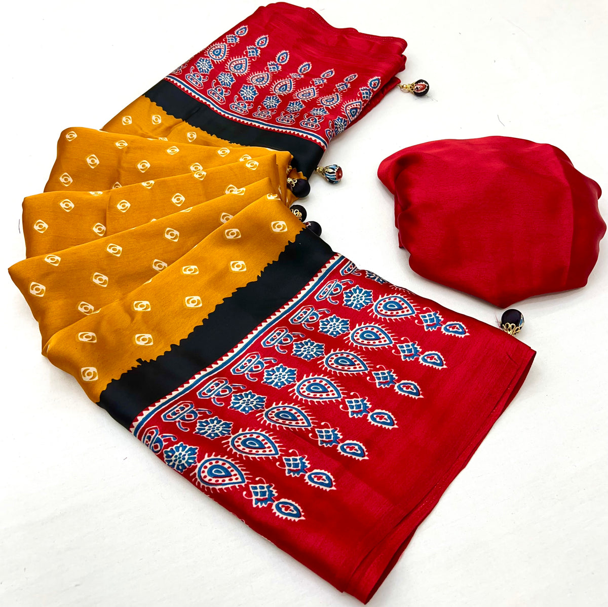 Captivating Party Wear Satin Silk Ajrak Print Rich Pallu Fancy Saree With Unstitched Blouse Piece