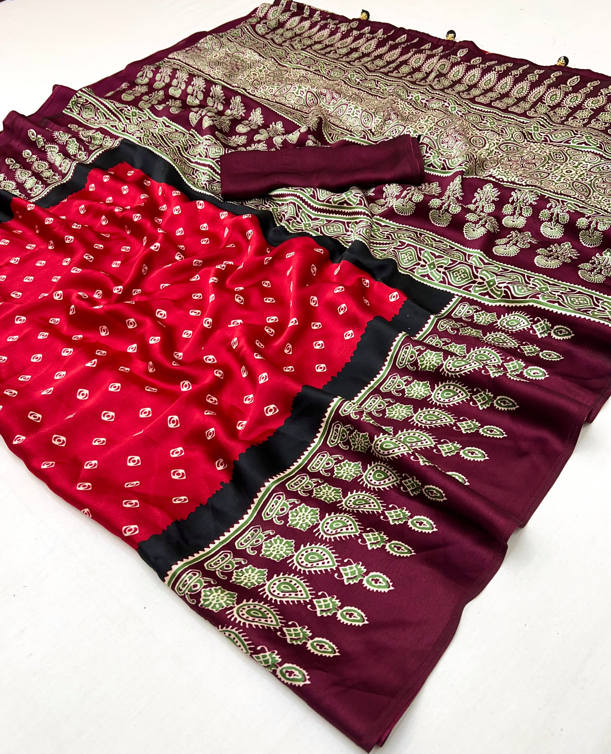 Captivating Party Wear Satin Silk Ajrak Print Rich Pallu Fancy Saree With Unstitched Blouse Piece