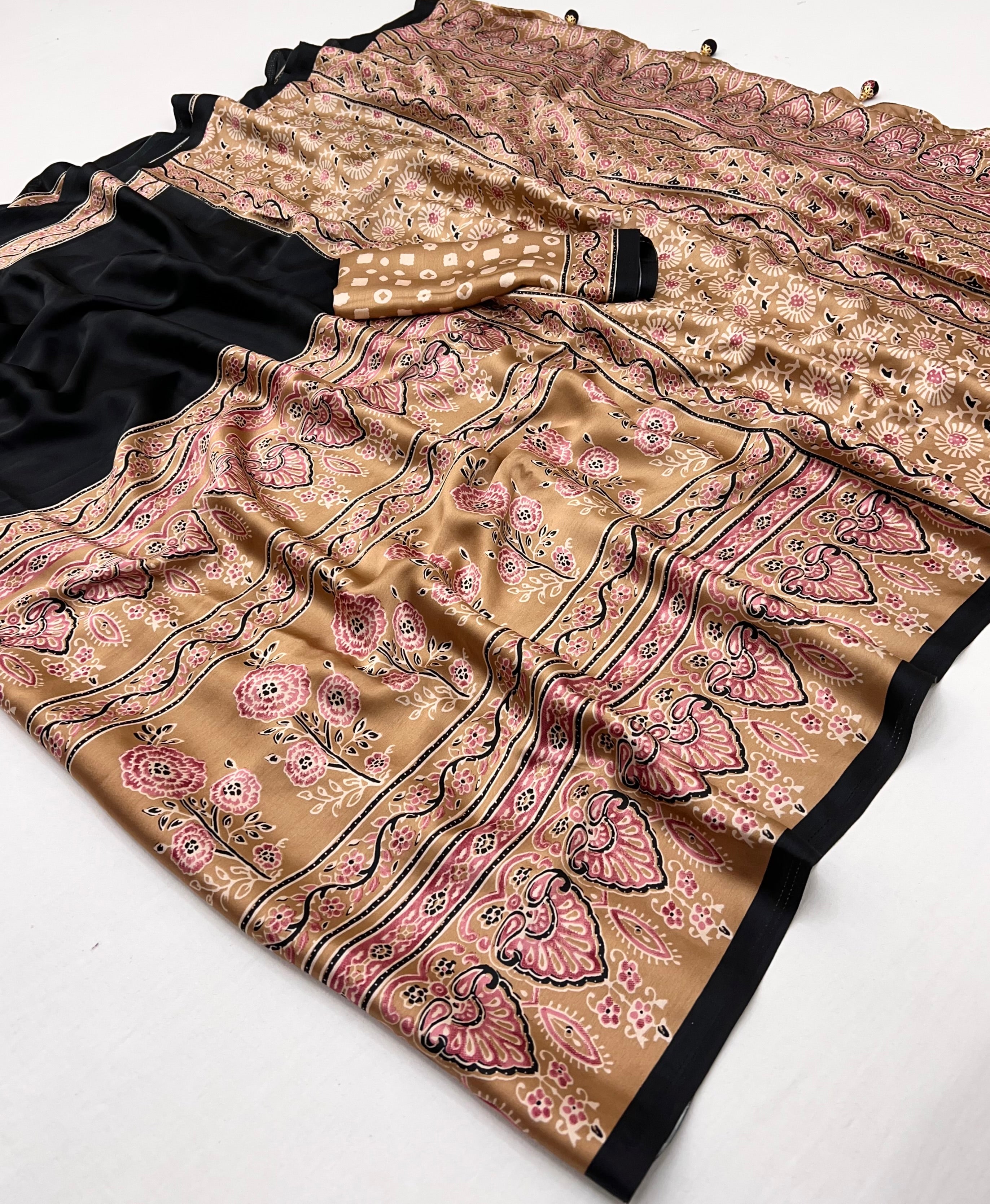 Desiring Festive Wear Satin Silk Ajrak Print Rich Pallu Fancy Saree With Unstitched Blouse Piece