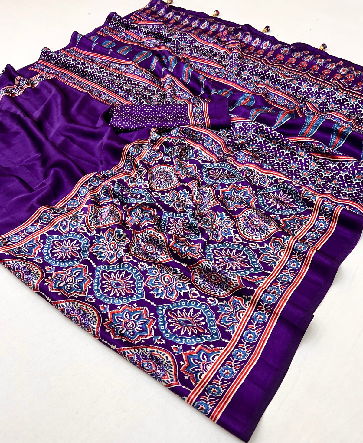 Heritage Function Wear Satin Silk Ajrak Print Rich Pallu Fancy Saree With Unstitched Blouse Piece