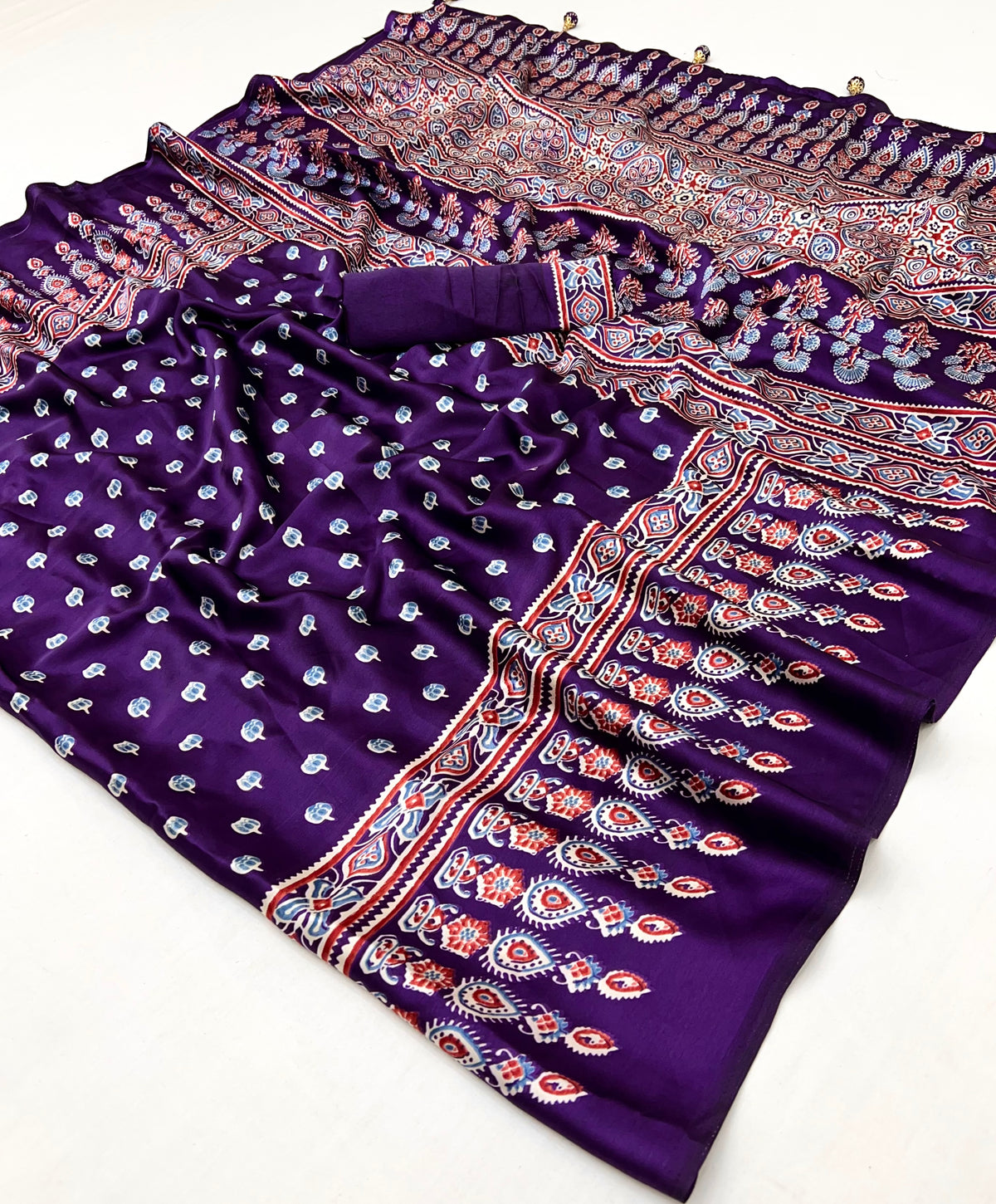 Glamorous Party Wear Satin Silk Ajrak Printed Rich Pallu Designer Saree With Unstitched Blouse Piece