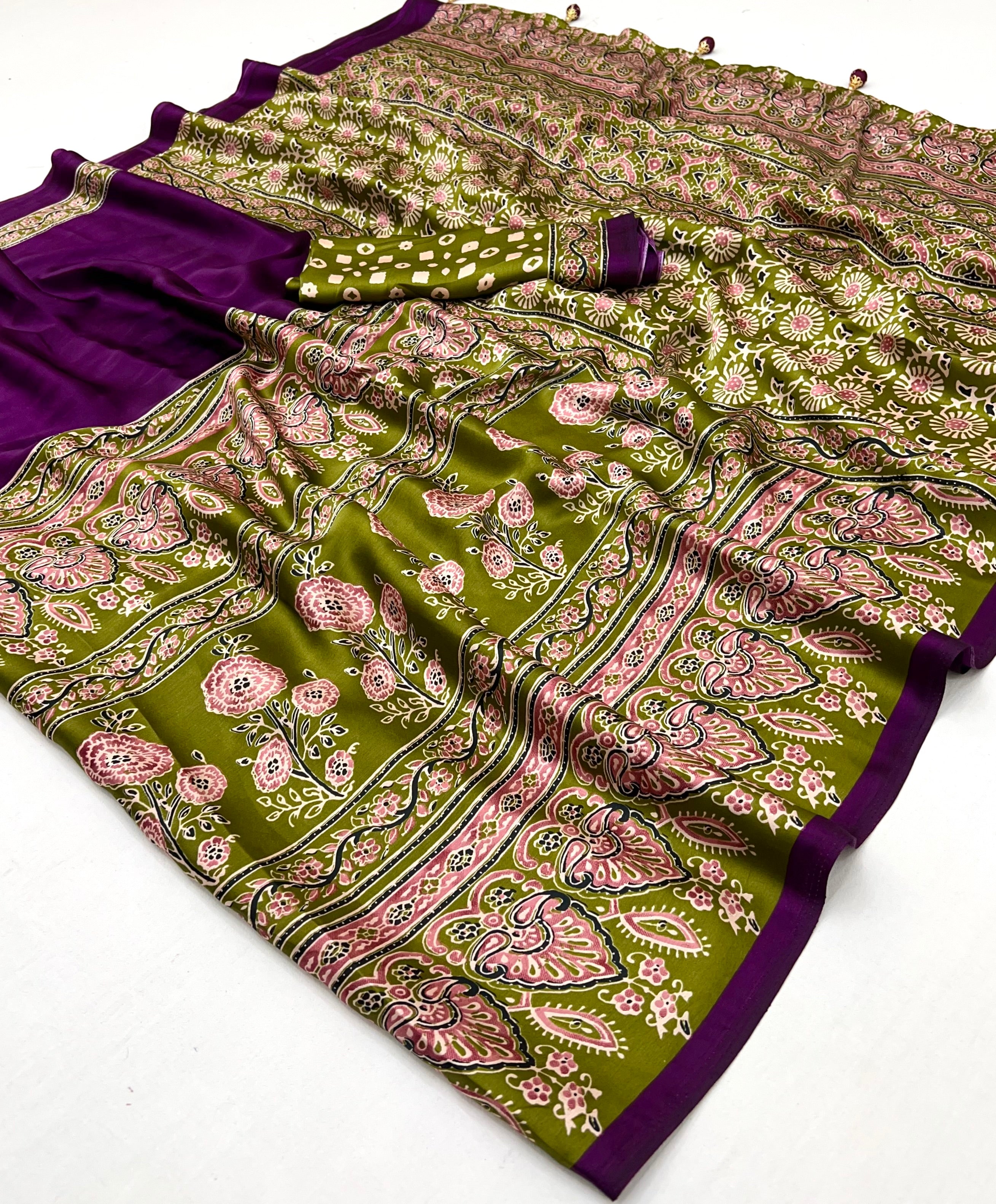 Desiring Festive Wear Satin Silk Ajrak Print Rich Pallu Fancy Saree With Unstitched Blouse Piece