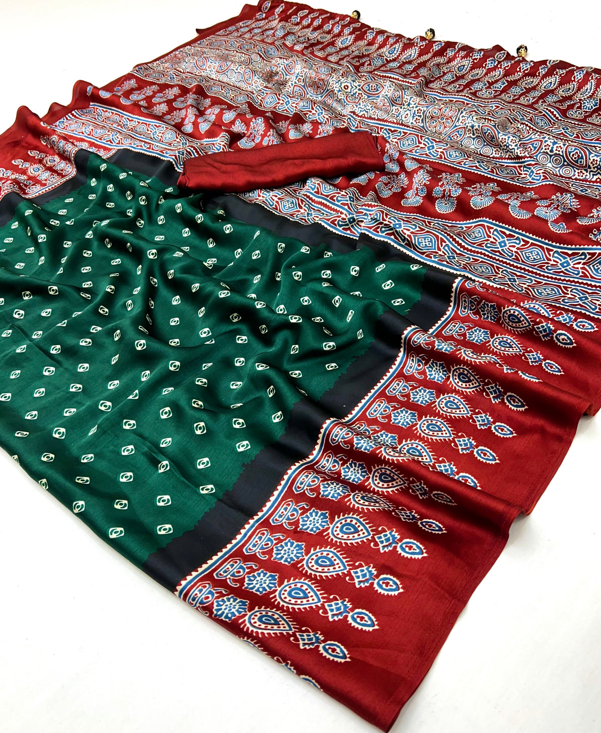 Captivating Party Wear Satin Silk Ajrak Print Rich Pallu Fancy Saree With Unstitched Blouse Piece