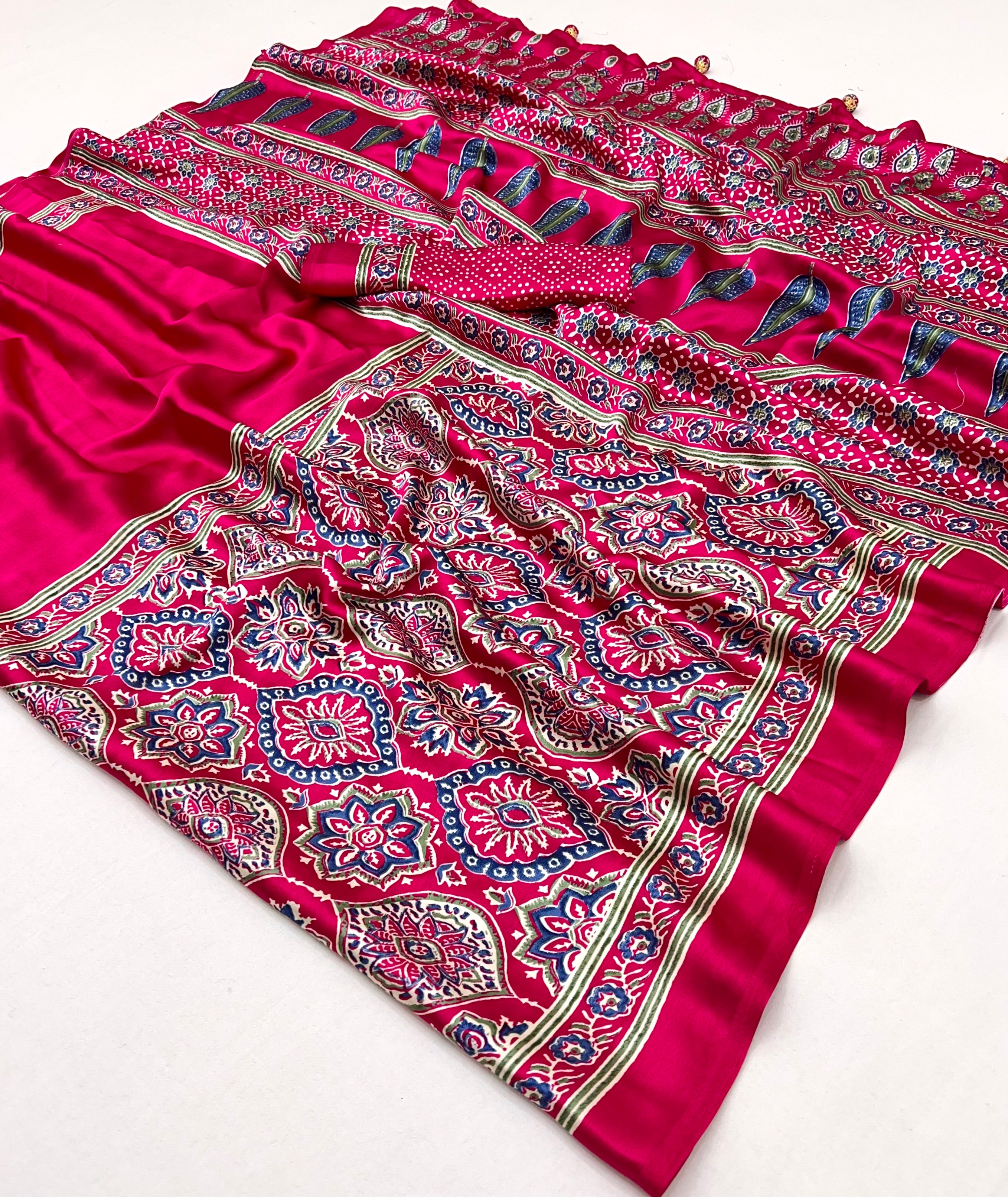 Heritage Function Wear Satin Silk Ajrak Print Rich Pallu Fancy Saree With Unstitched Blouse Piece