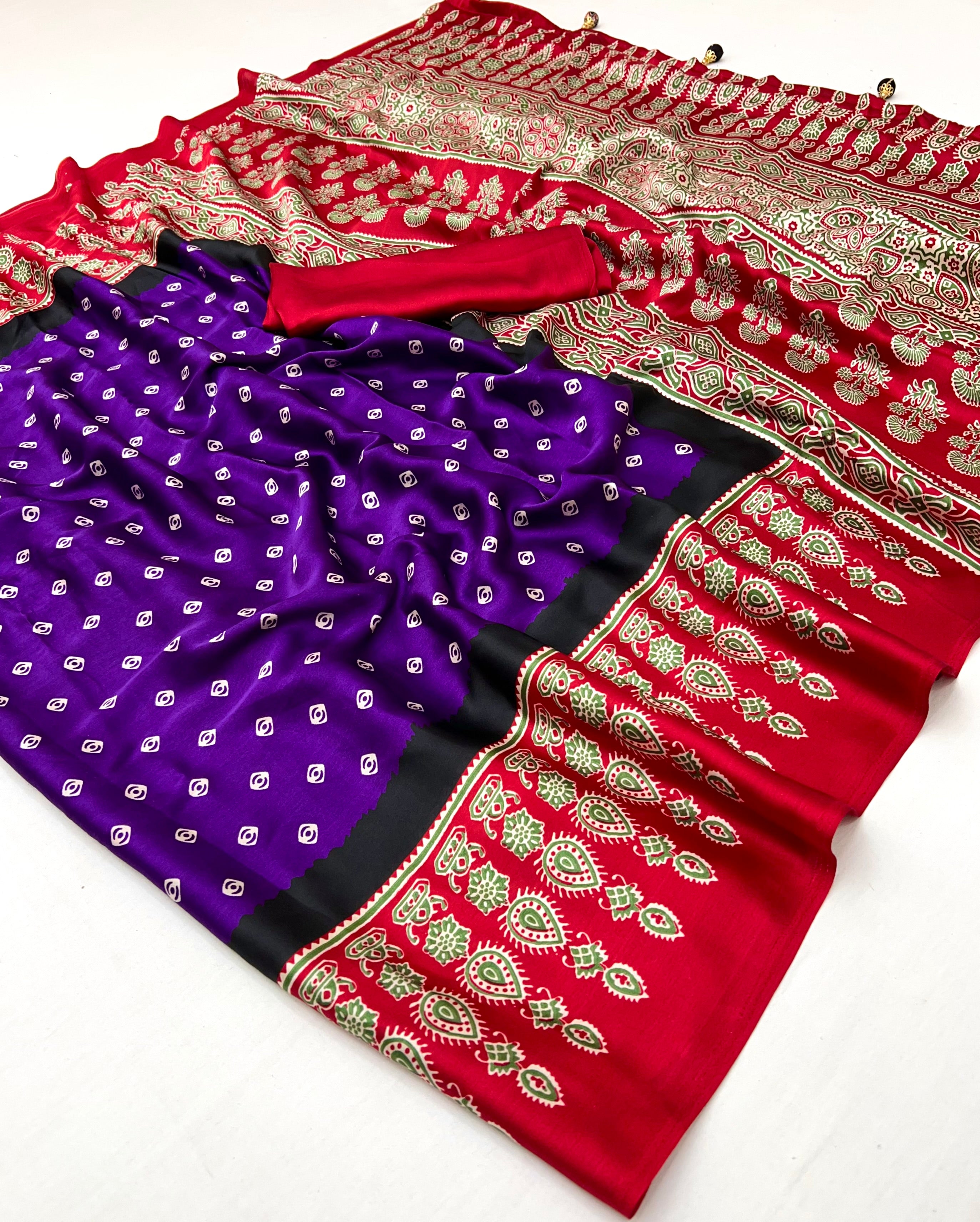 Captivating Party Wear Satin Silk Ajrak Print Rich Pallu Fancy Saree With Unstitched Blouse Piece