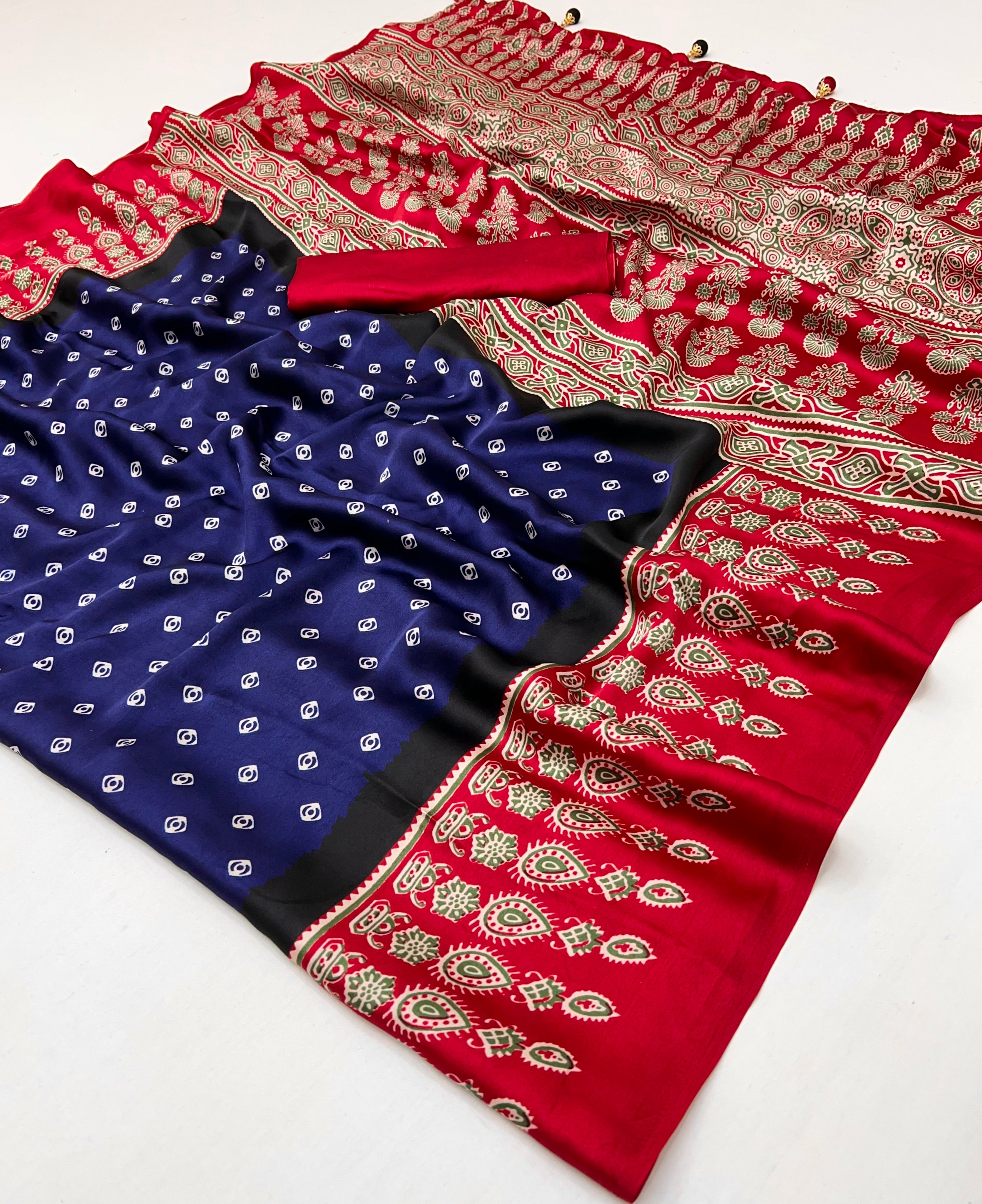 Captivating Party Wear Satin Silk Ajrak Print Rich Pallu Fancy Saree With Unstitched Blouse Piece