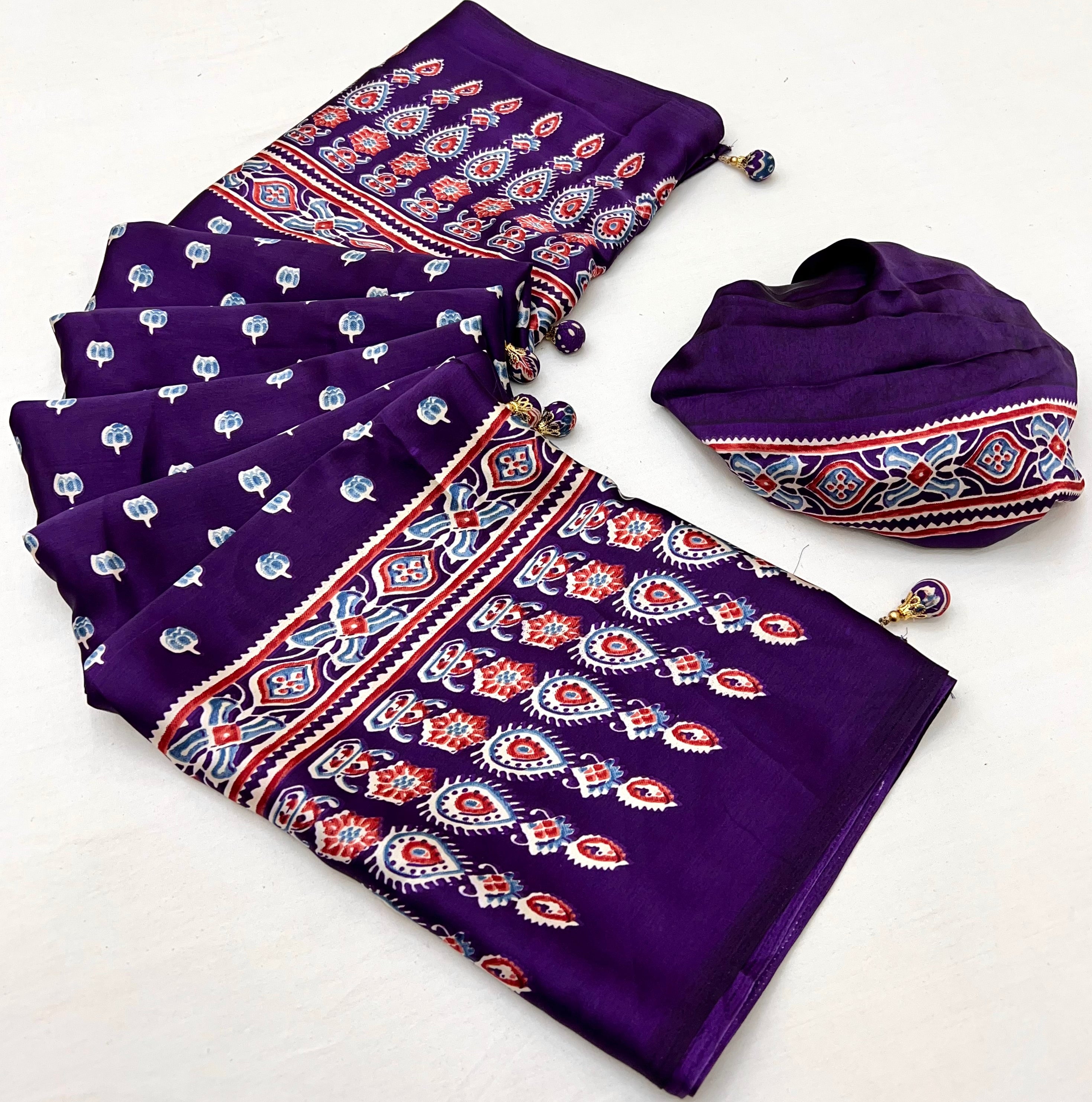 Glamorous Party Wear Satin Silk Ajrak Printed Rich Pallu Designer Saree With Unstitched Blouse Piece