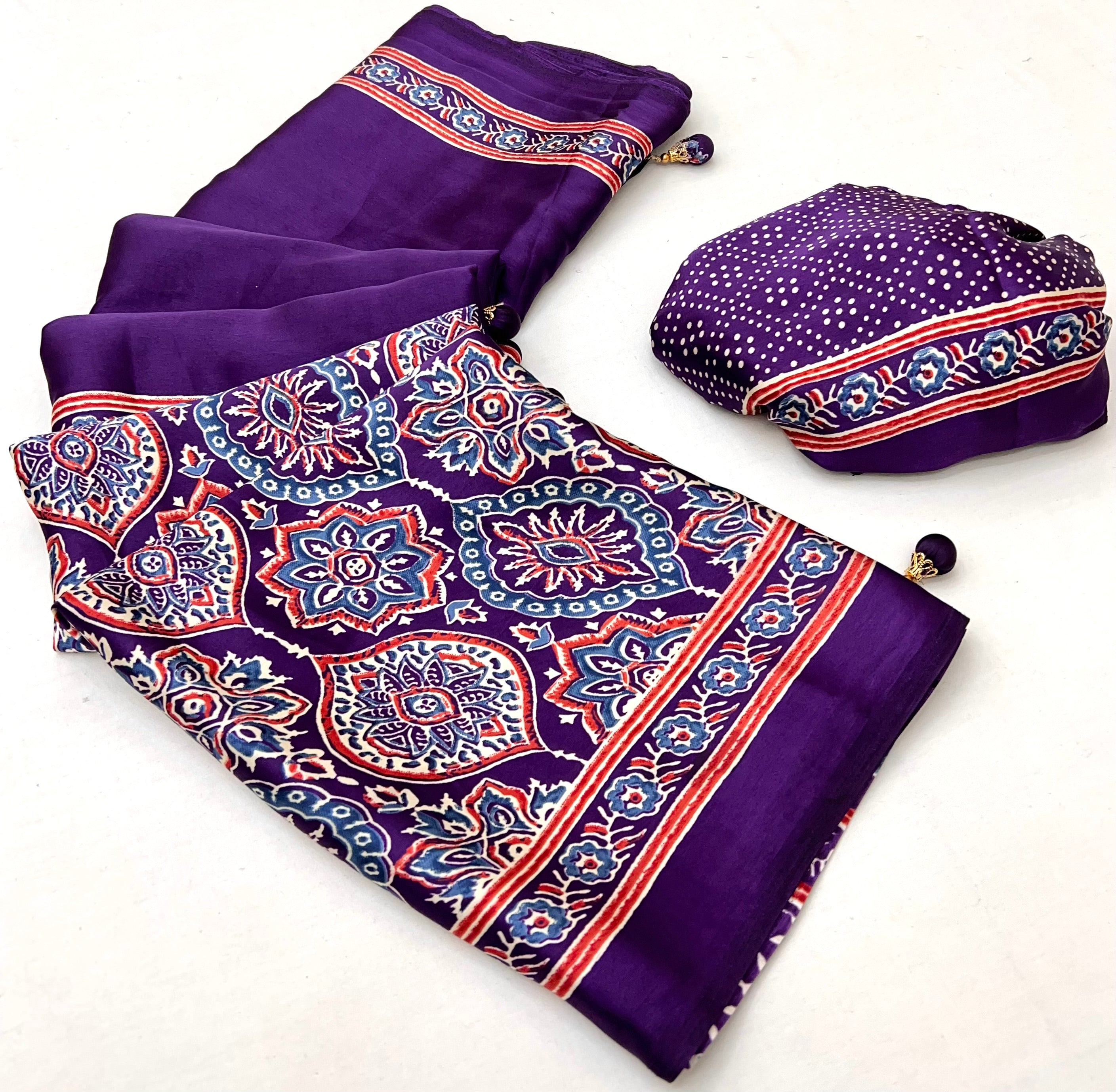 Heritage Function Wear Satin Silk Ajrak Print Rich Pallu Fancy Saree With Unstitched Blouse Piece