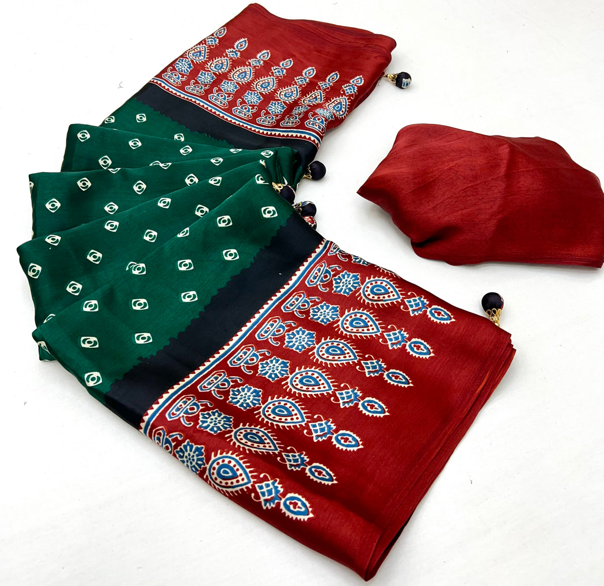 Captivating Party Wear Satin Silk Ajrak Print Rich Pallu Fancy Saree With Unstitched Blouse Piece