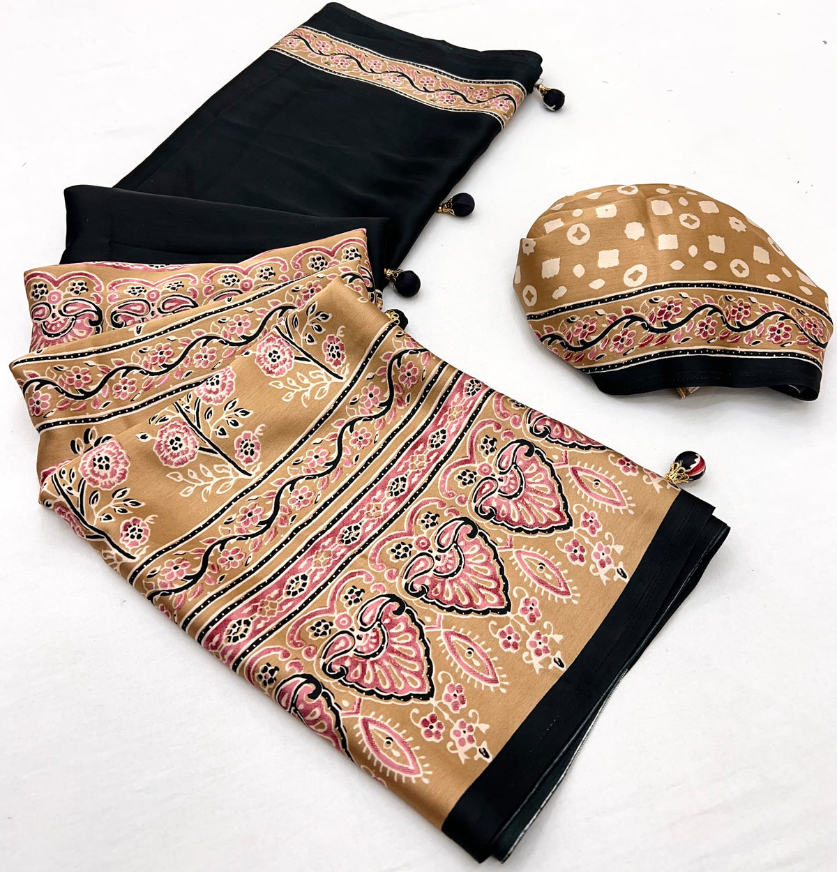Desiring Festive Wear Satin Silk Ajrak Print Rich Pallu Fancy Saree With Unstitched Blouse Piece