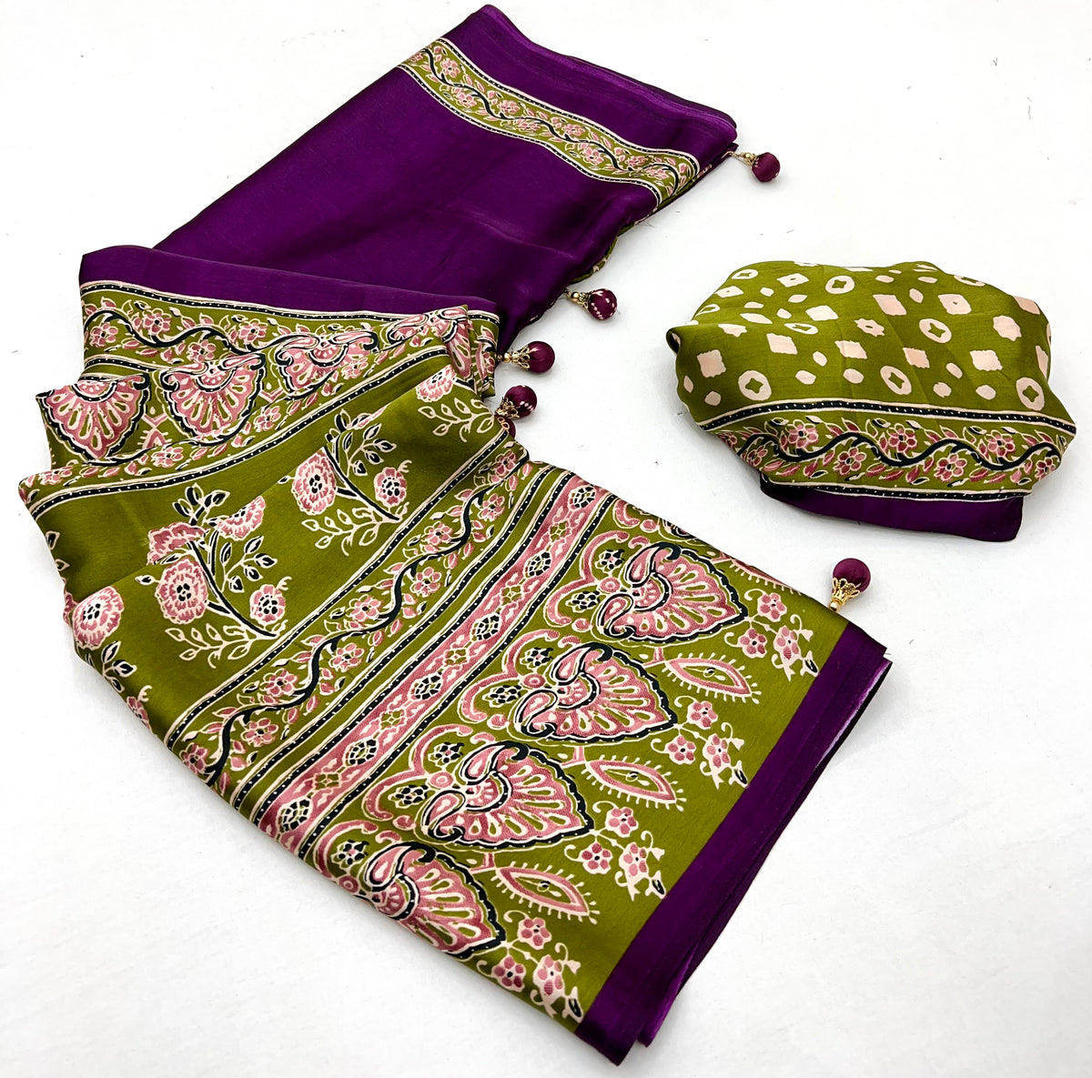 Desiring Festive Wear Satin Silk Ajrak Print Rich Pallu Fancy Saree With Unstitched Blouse Piece