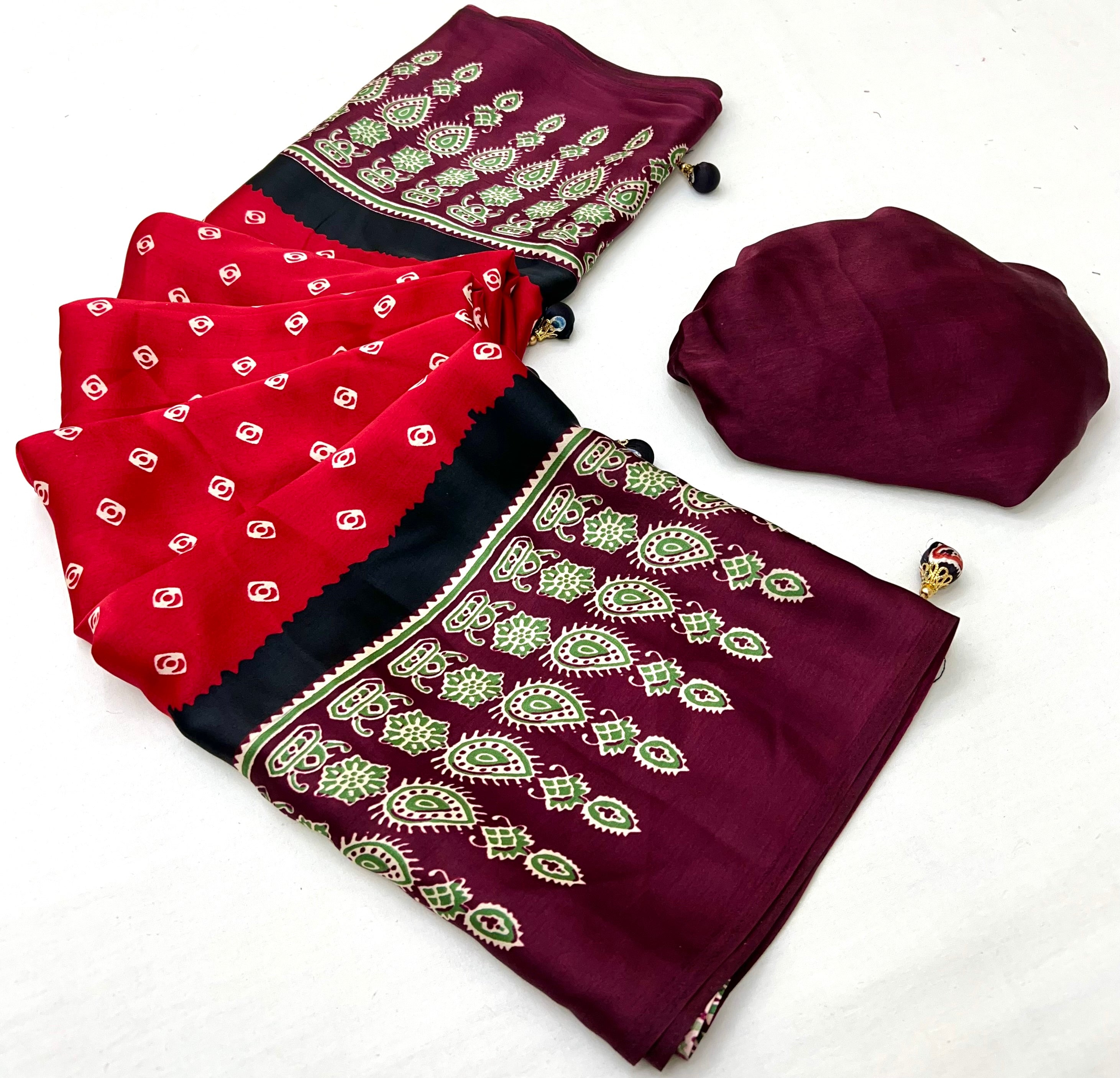 Captivating Party Wear Satin Silk Ajrak Print Rich Pallu Fancy Saree With Unstitched Blouse Piece