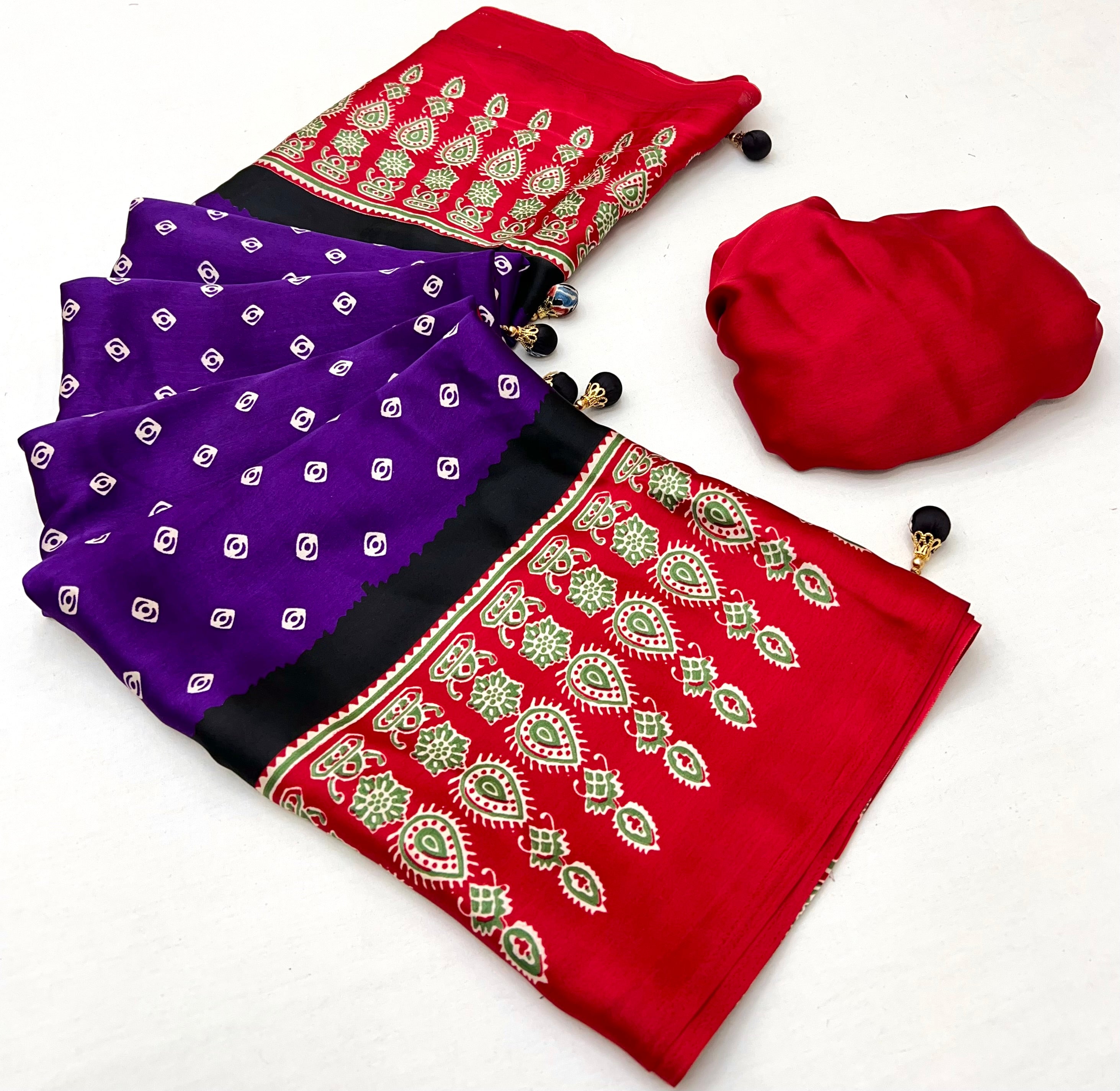 Captivating Party Wear Satin Silk Ajrak Print Rich Pallu Fancy Saree With Unstitched Blouse Piece