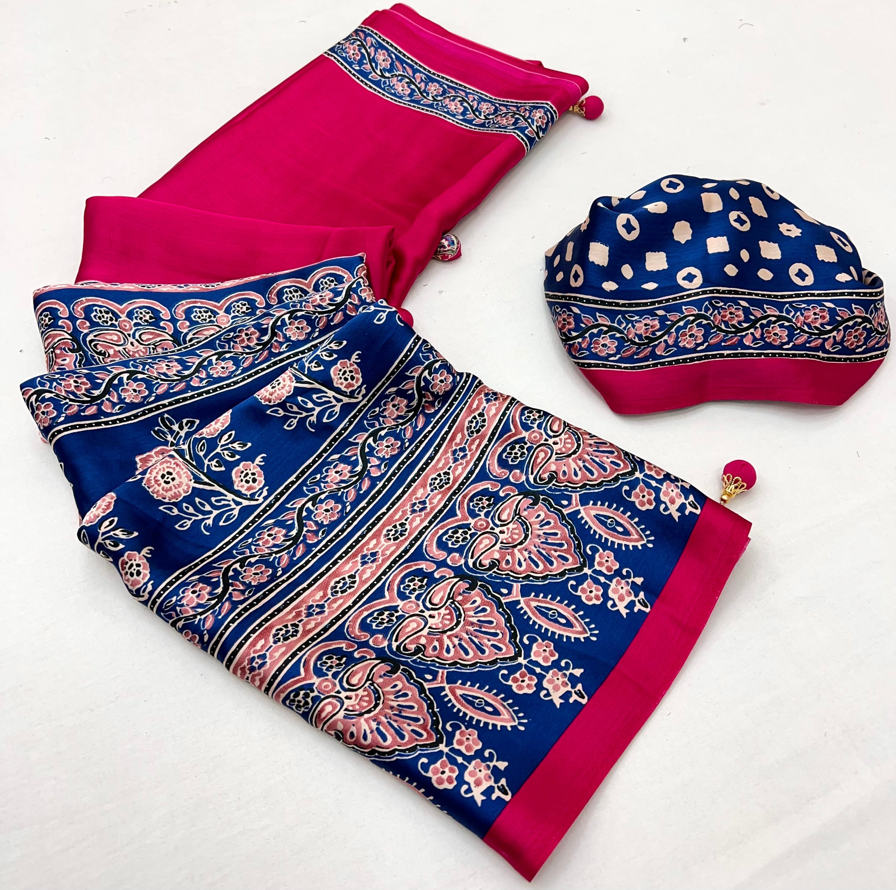 Desiring Festive Wear Satin Silk Ajrak Print Rich Pallu Fancy Saree With Unstitched Blouse Piece