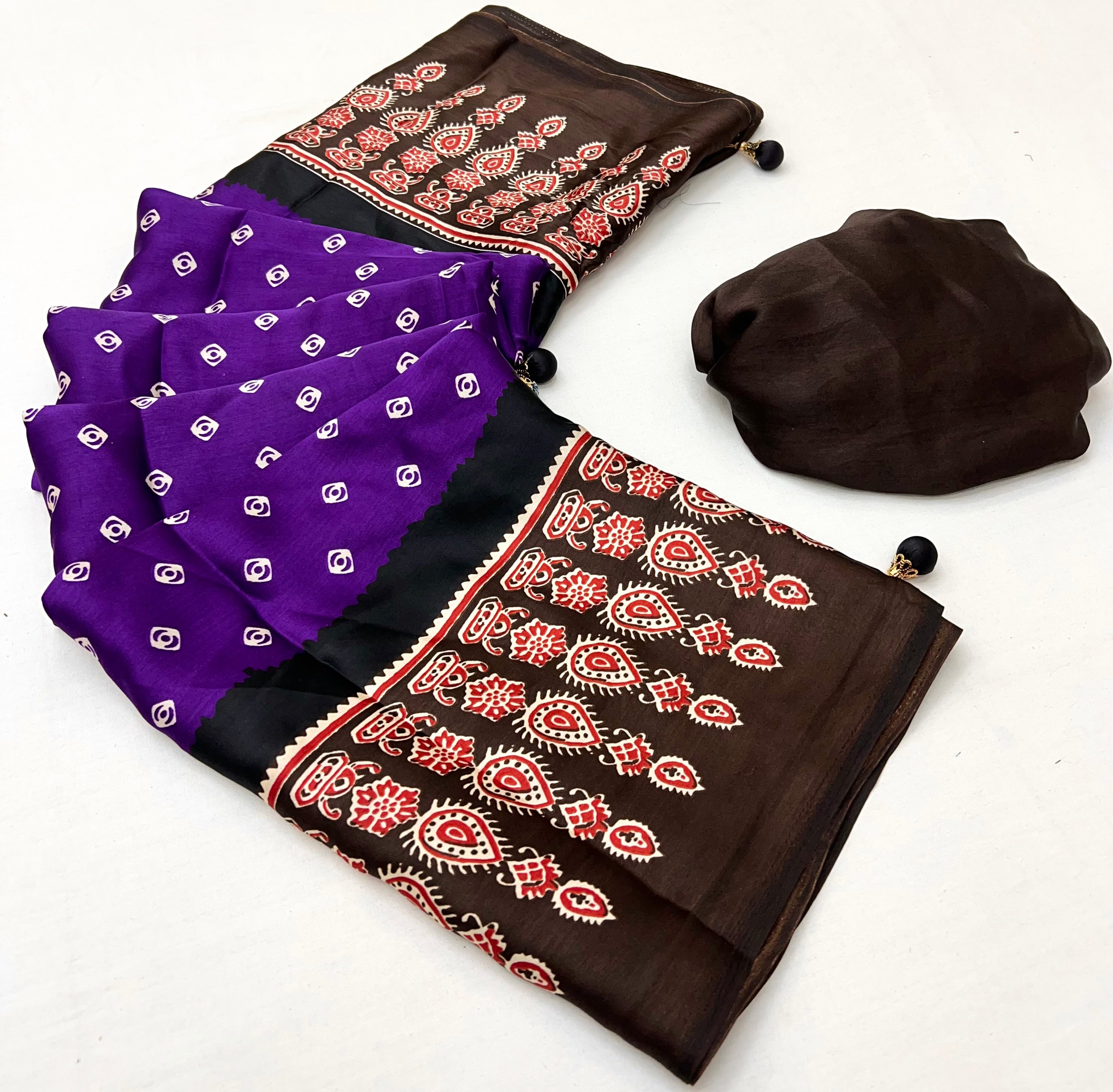 Captivating Party Wear Satin Silk Ajrak Print Rich Pallu Fancy Saree With Unstitched Blouse Piece