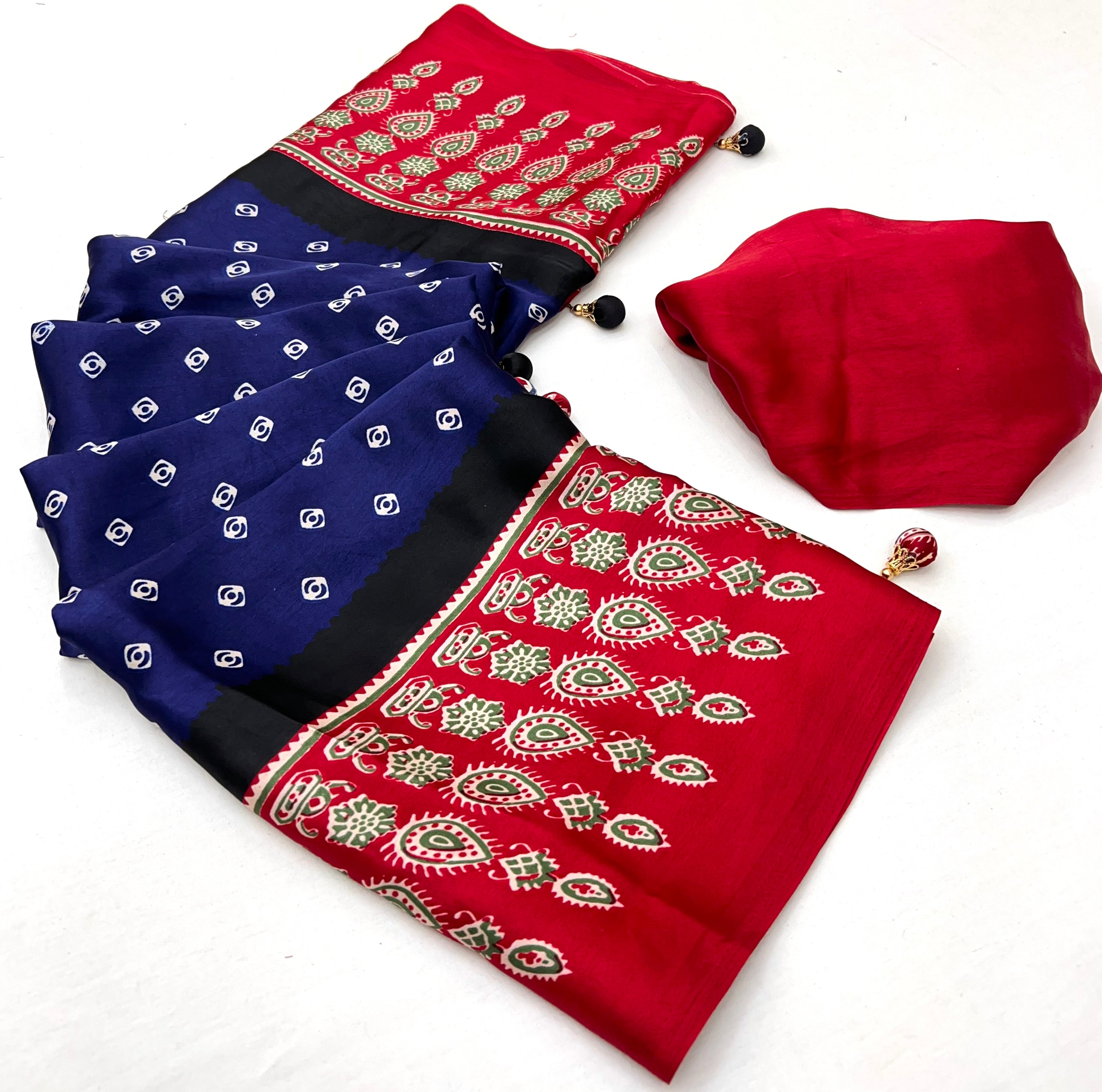 Captivating Party Wear Satin Silk Ajrak Print Rich Pallu Fancy Saree With Unstitched Blouse Piece