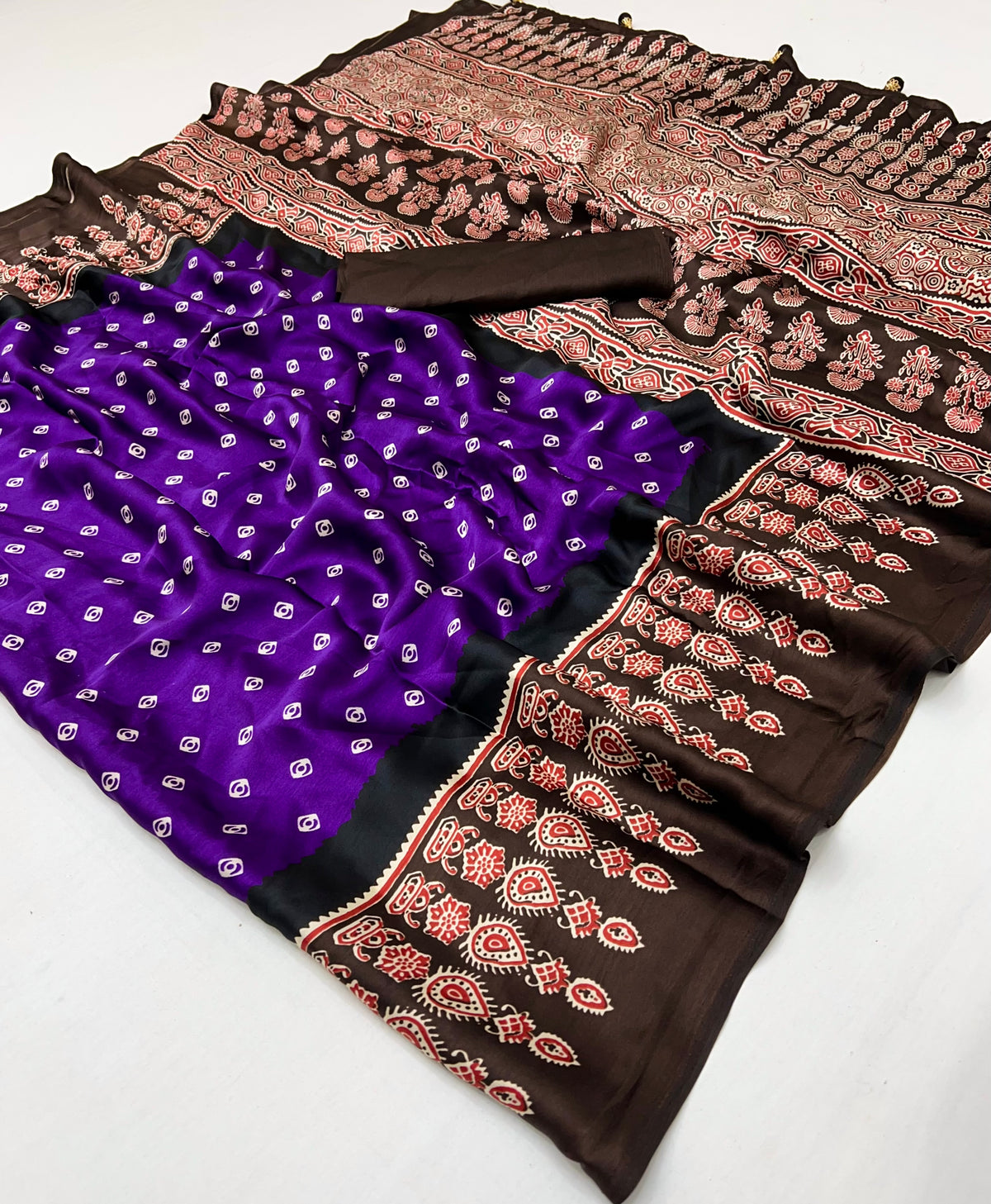 Captivating Party Wear Satin Silk Ajrak Print Rich Pallu Fancy Saree With Unstitched Blouse Piece