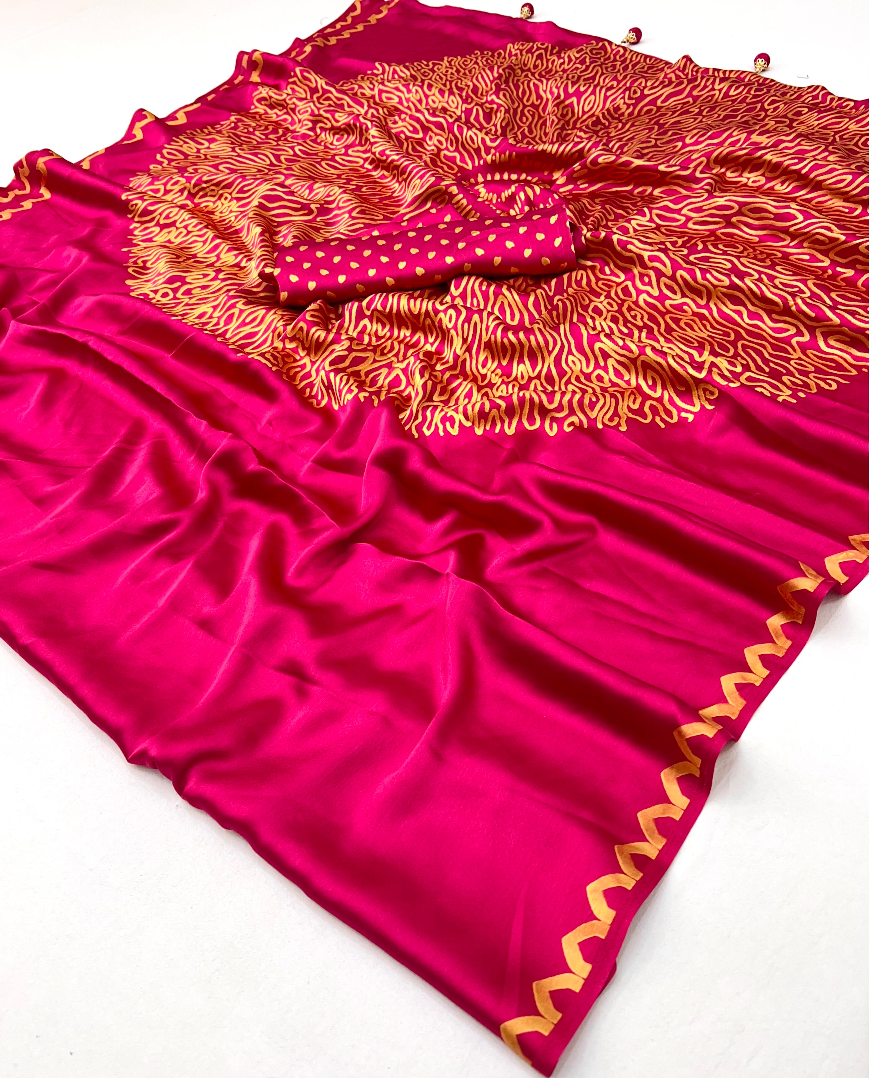 Whimsical Party Wear Silk Print Design Fancy Saree With Unstitched Blouse Piece