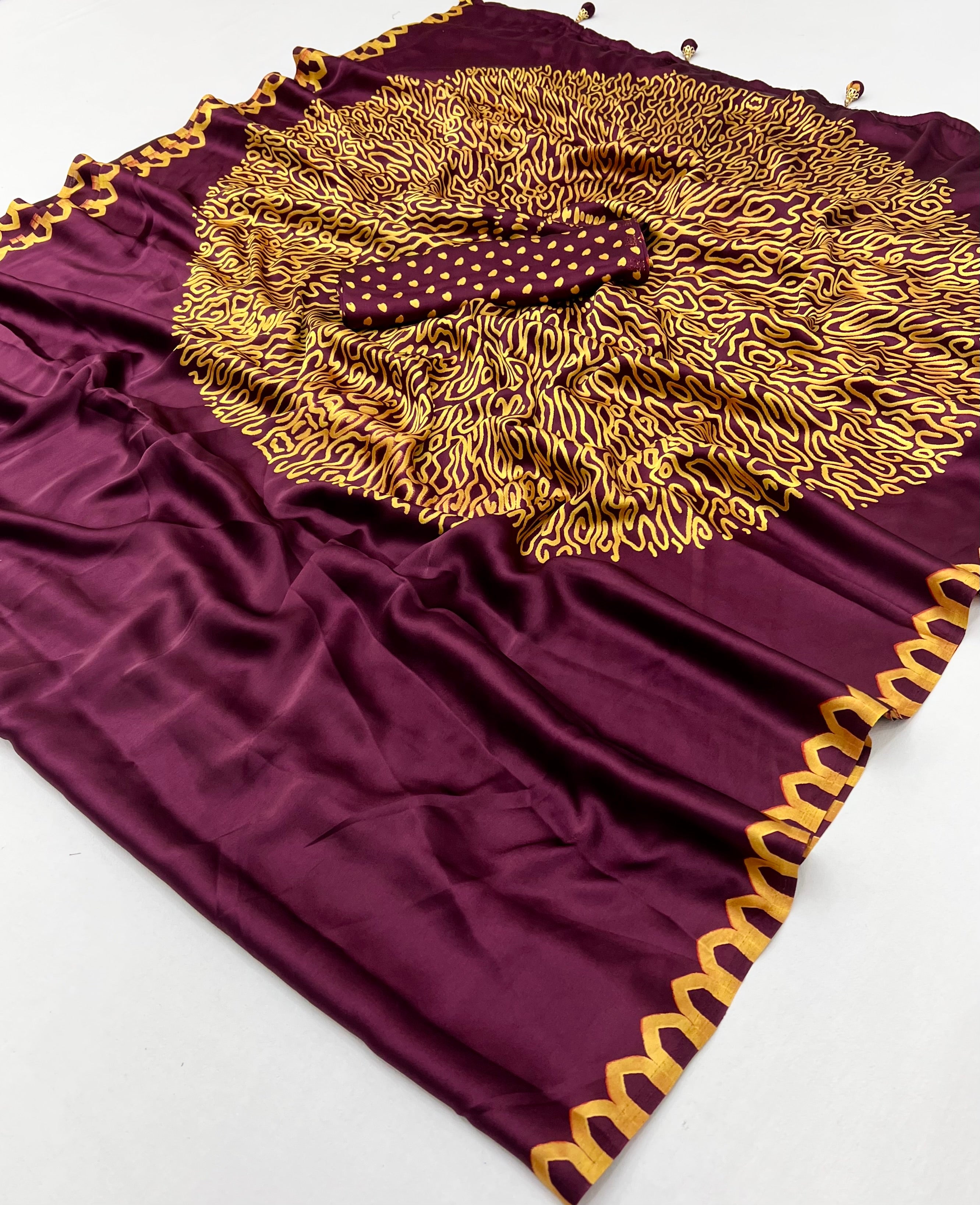 Whimsical Party Wear Silk Print Design Fancy Saree With Unstitched Blouse Piece