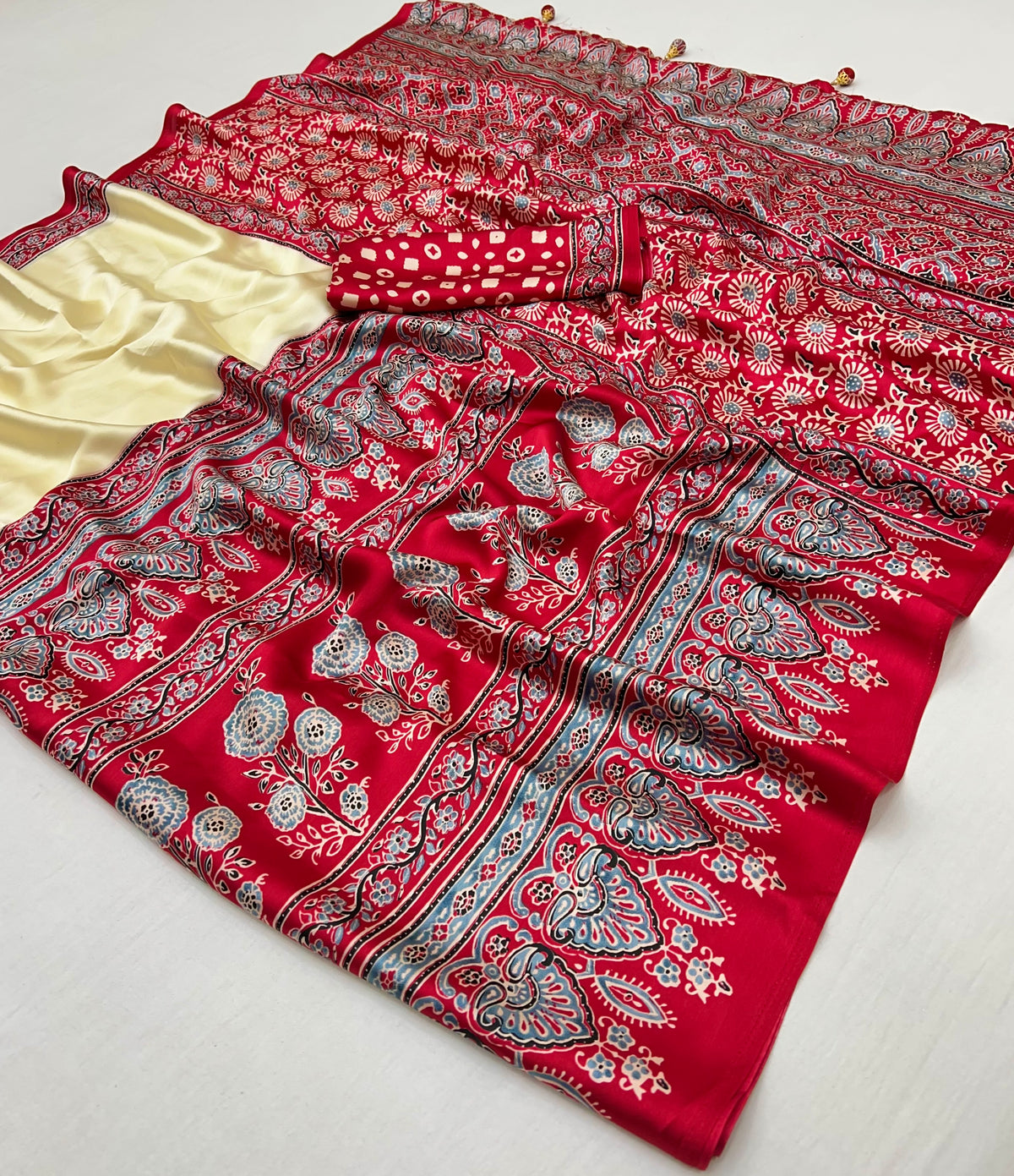 Desiring Festive Wear Satin Silk Ajrak Print Rich Pallu Fancy Saree With Unstitched Blouse Piece