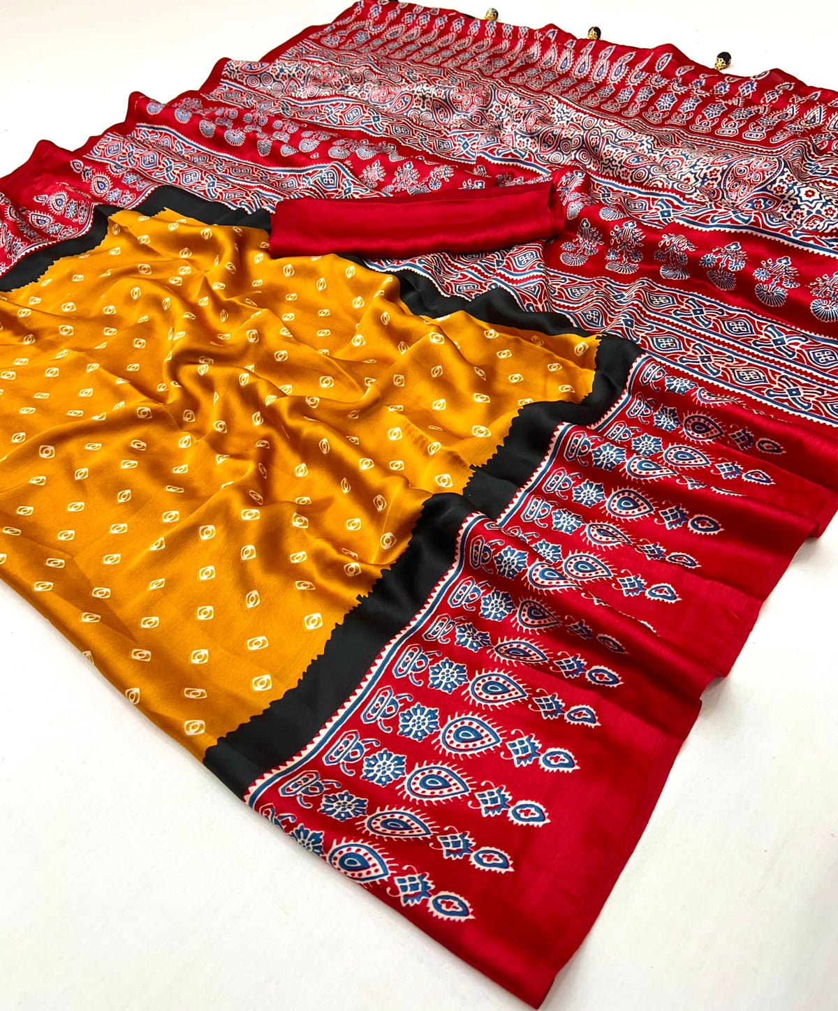 Captivating Party Wear Satin Silk Ajrak Print Rich Pallu Fancy Saree With Unstitched Blouse Piece