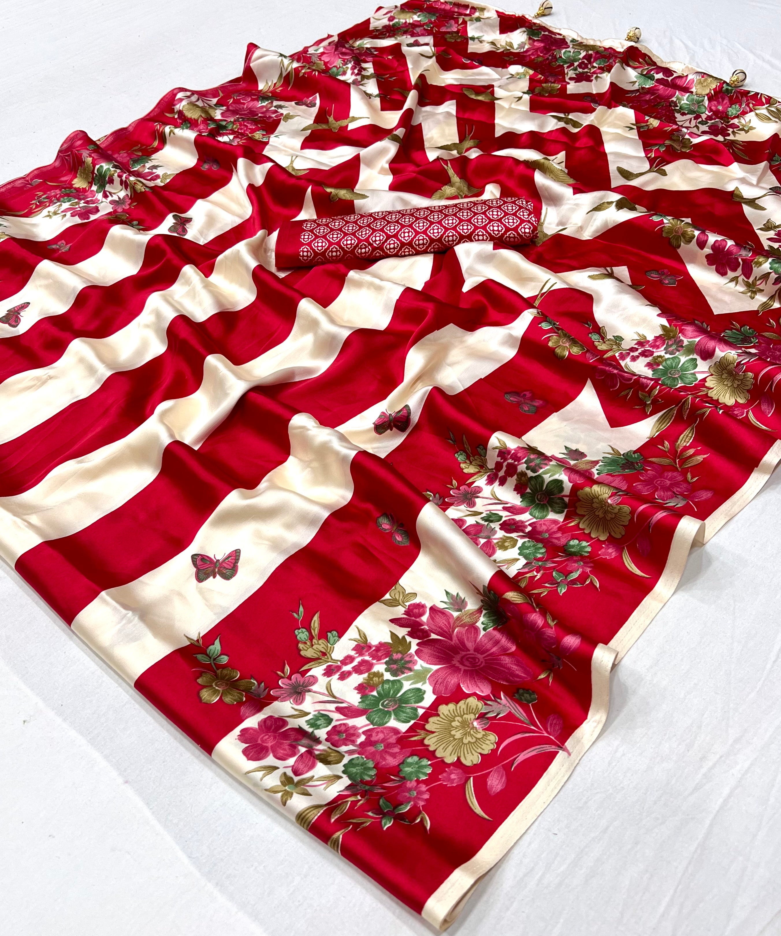 Opulent Wedding Wear Satin Silk Floral Print Designer Saree For Occasion