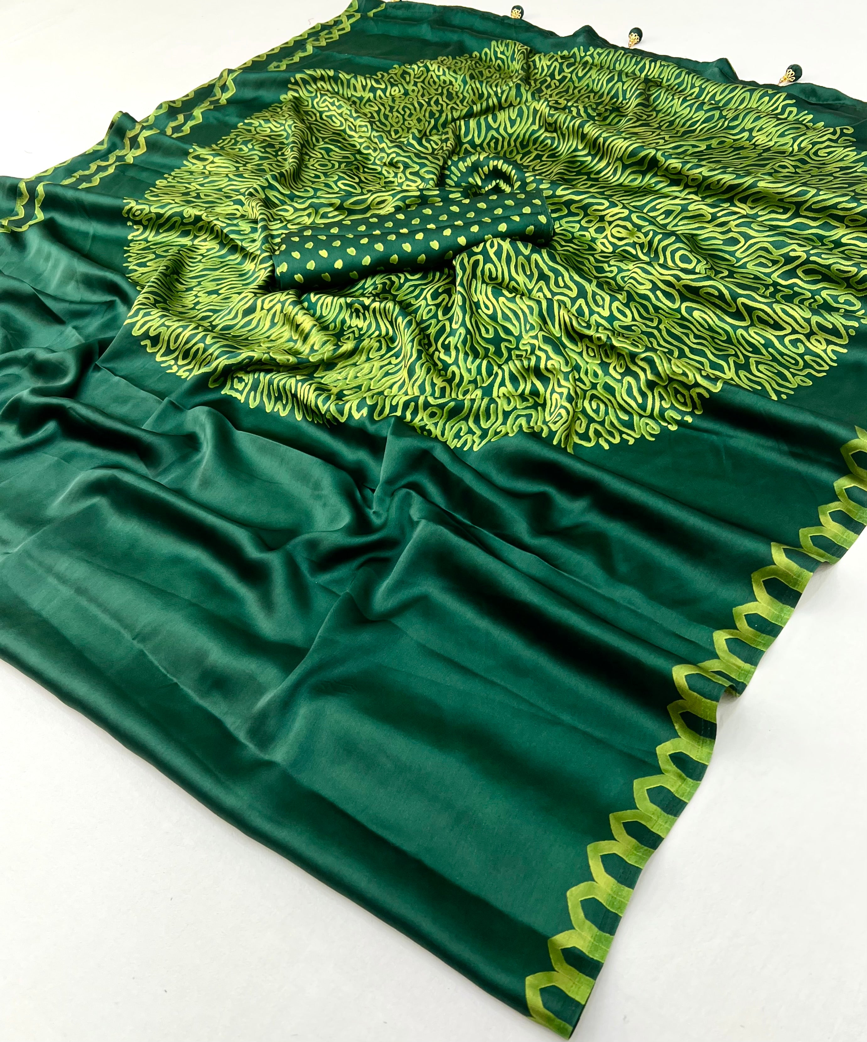 Whimsical Party Wear Silk Print Design Fancy Saree With Unstitched Blouse Piece
