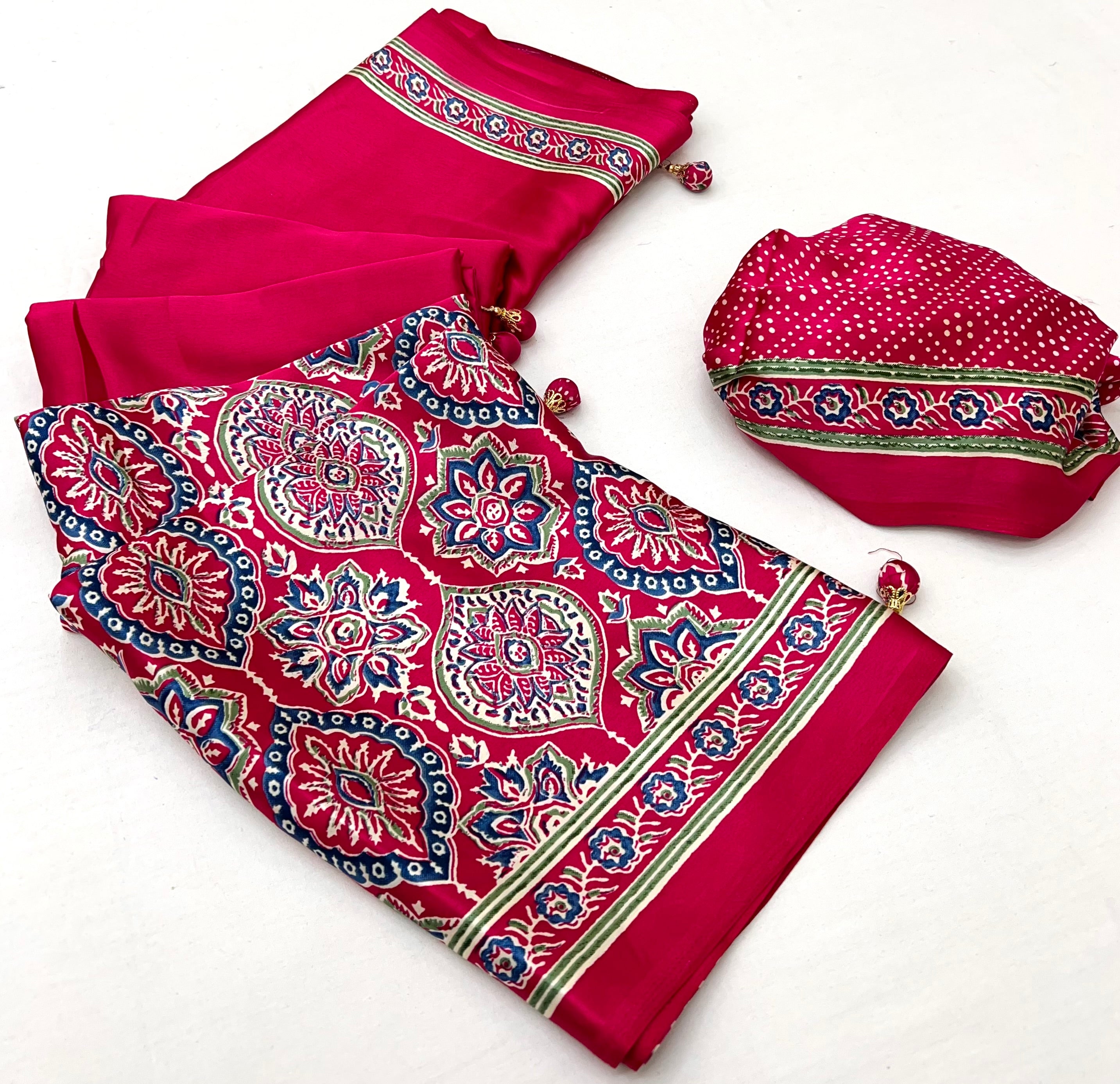 Heritage Function Wear Satin Silk Ajrak Print Rich Pallu Fancy Saree With Unstitched Blouse Piece