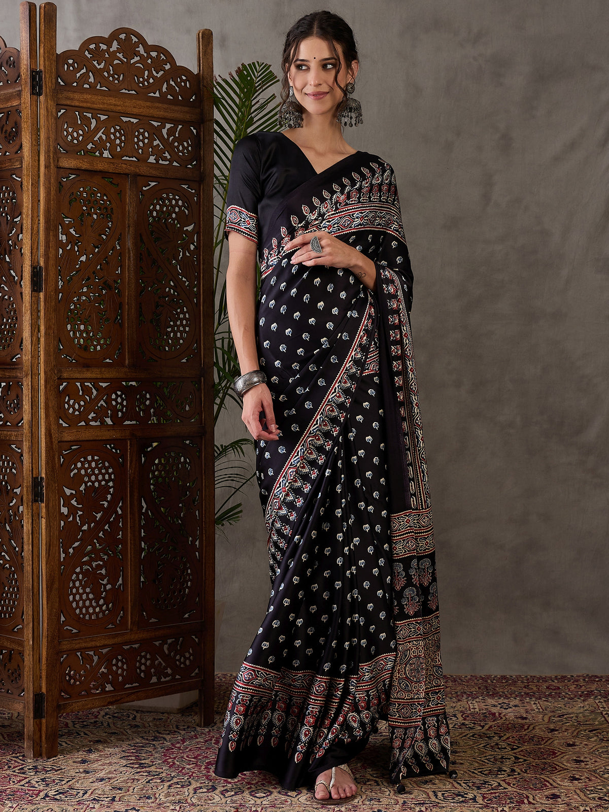 Glamorous Party Wear Satin Silk Ajrak Printed Rich Pallu Designer Saree With Unstitched Blouse Piece