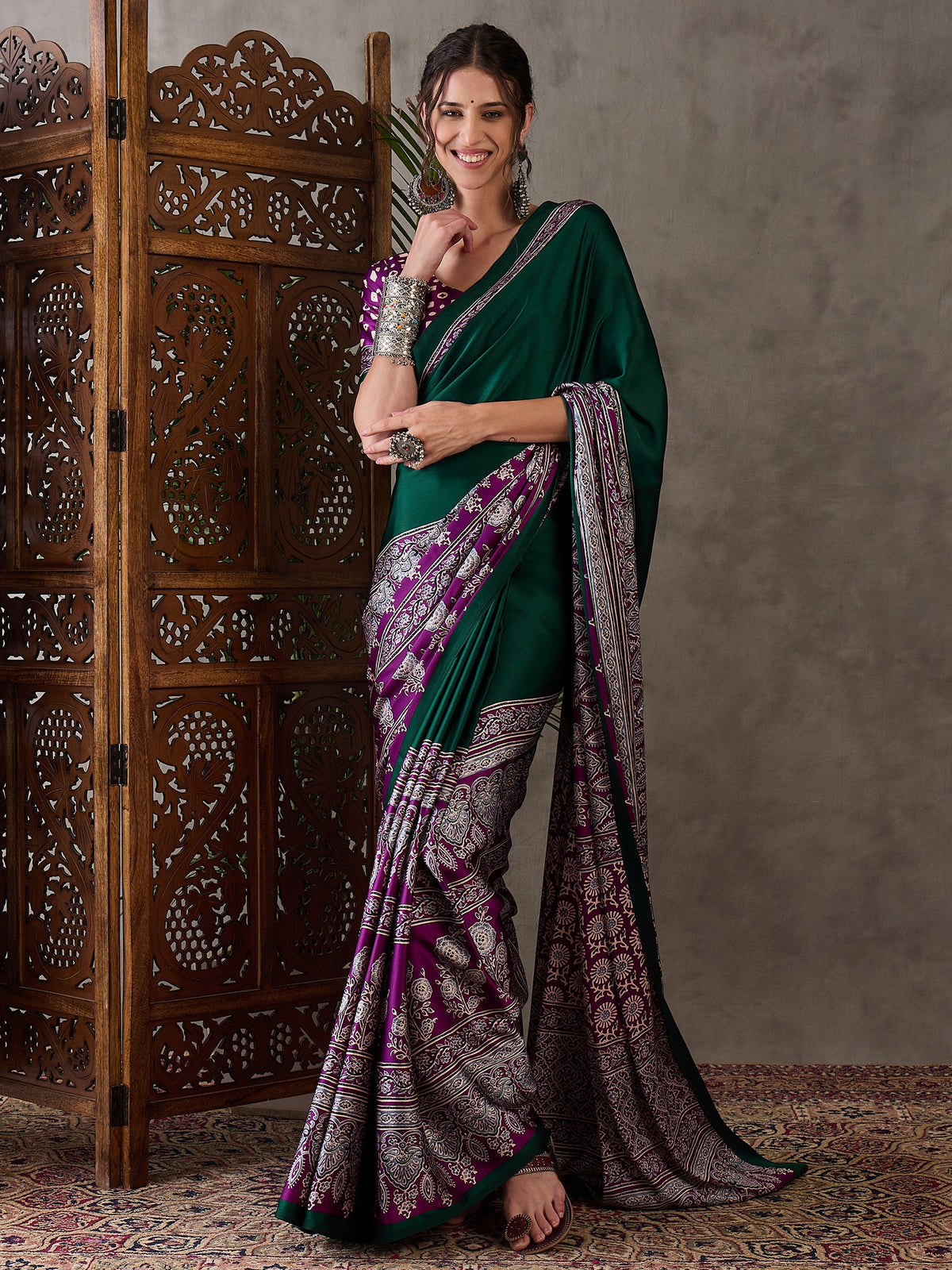 Desiring Festive Wear Satin Silk Ajrak Print Rich Pallu Fancy Saree With Unstitched Blouse Piece