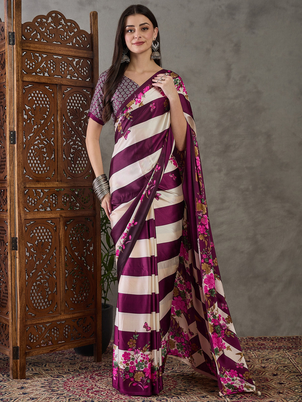 Opulent Wedding Wear Satin Silk Floral Print Designer Saree For Occasion