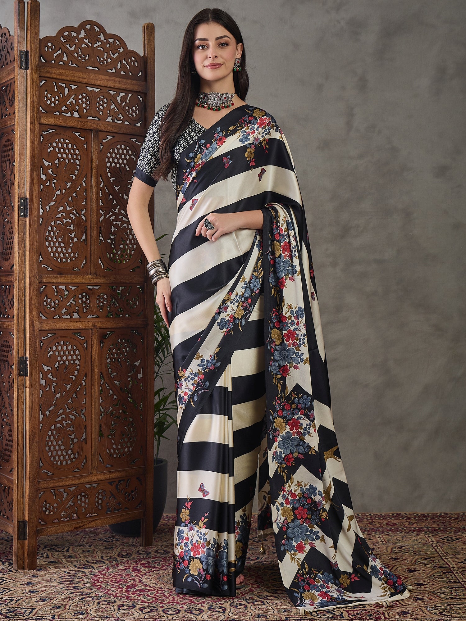 Opulent Wedding Wear Satin Silk Floral Print Designer Saree For Occasion