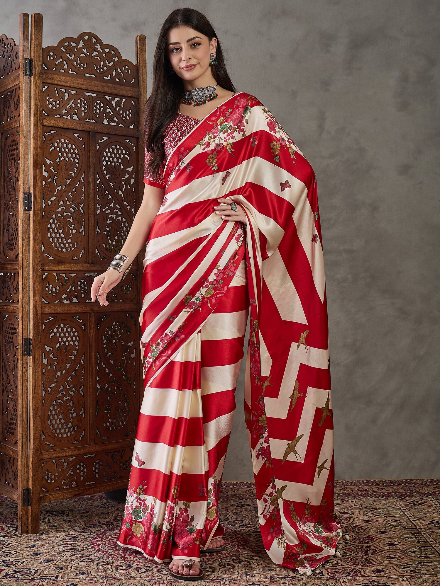 Opulent Wedding Wear Satin Silk Floral Print Designer Saree For Occasion