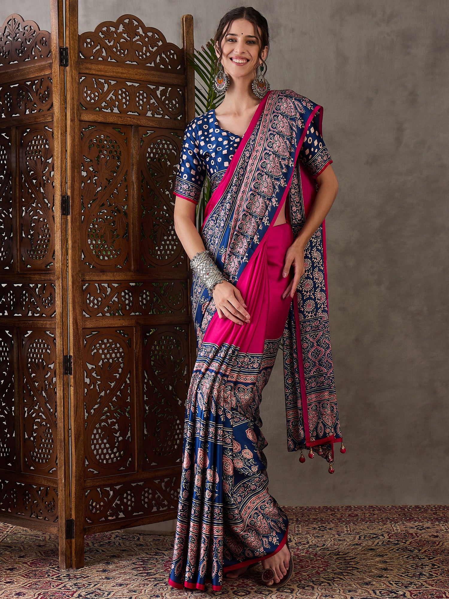 Desiring Festive Wear Satin Silk Ajrak Print Rich Pallu Fancy Saree With Unstitched Blouse Piece