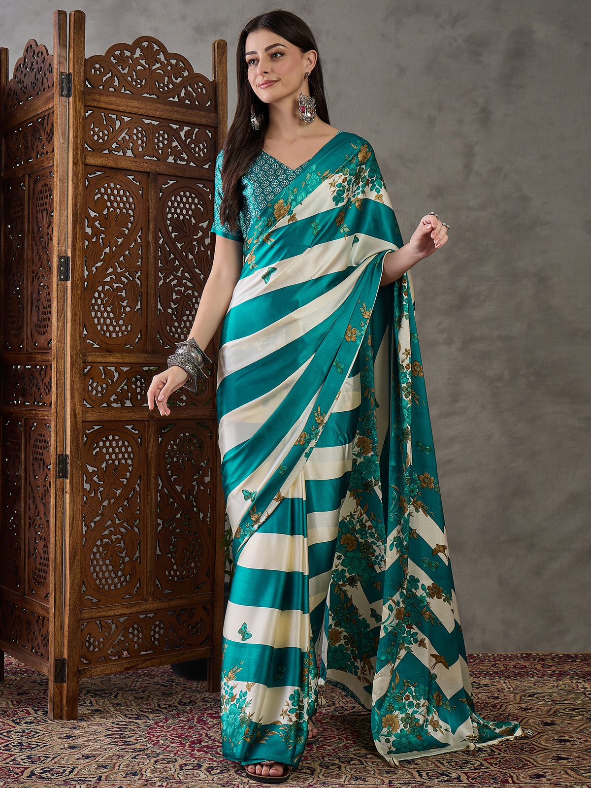 Opulent Wedding Wear Satin Silk Floral Print Designer Saree For Occasion