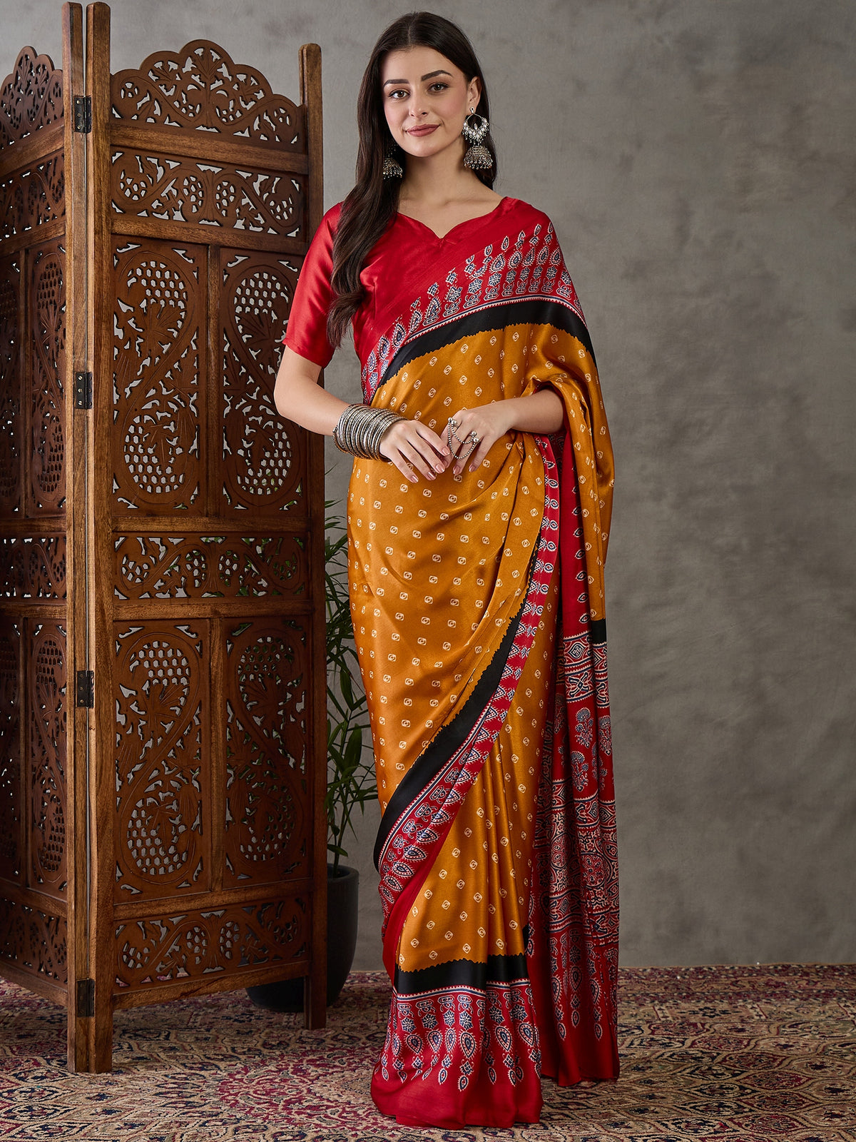 Captivating Party Wear Satin Silk Ajrak Print Rich Pallu Fancy Saree With Unstitched Blouse Piece